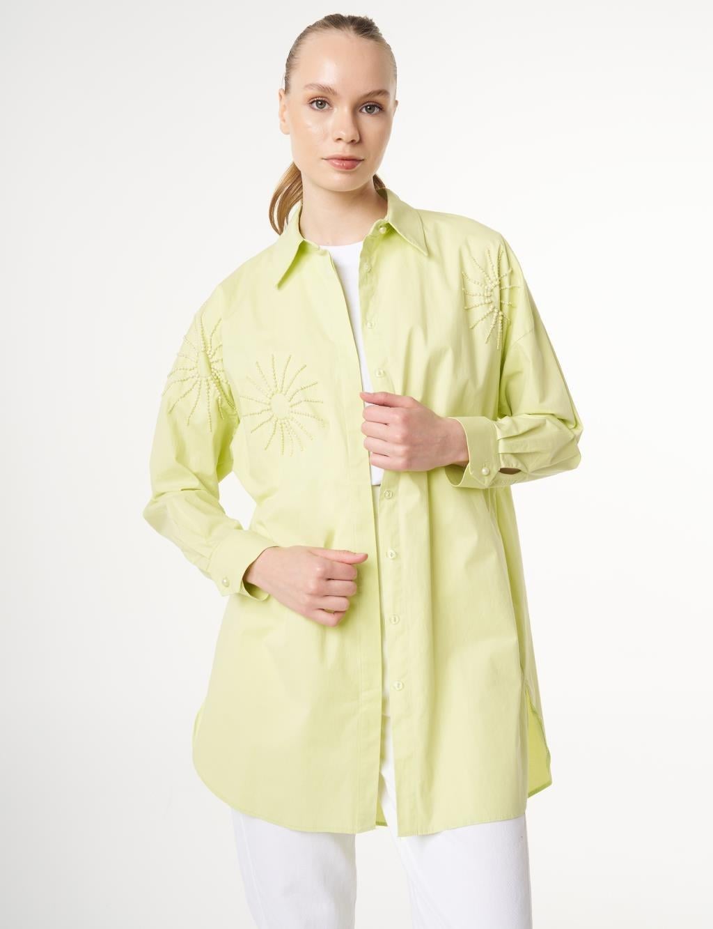 Kayra Boncuk İşlemeli Pamuklu Tunik KY-B25-70022 - Lıme