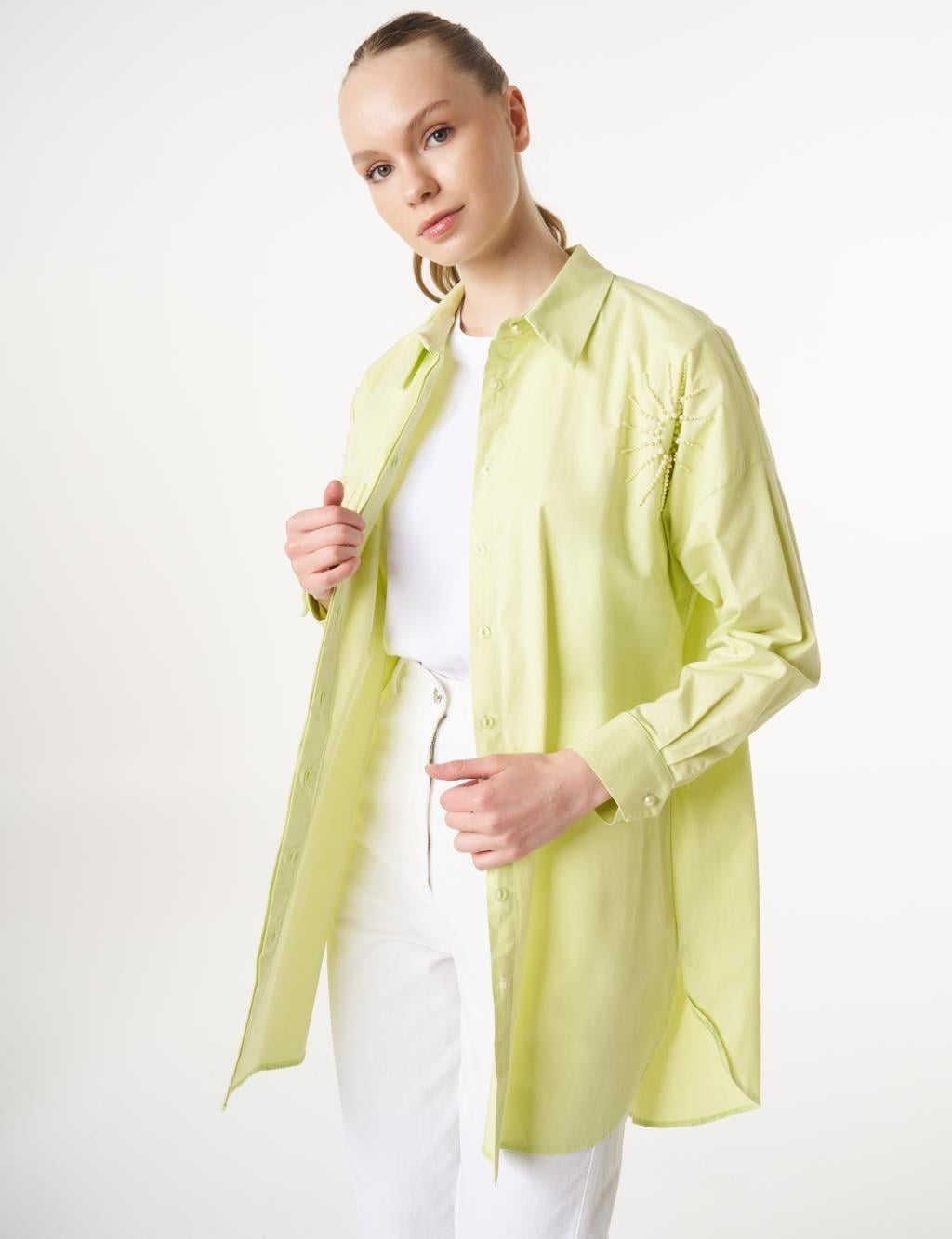 Kayra Boncuk İşlemeli Pamuklu Tunik KY-B25-70022 - Lıme