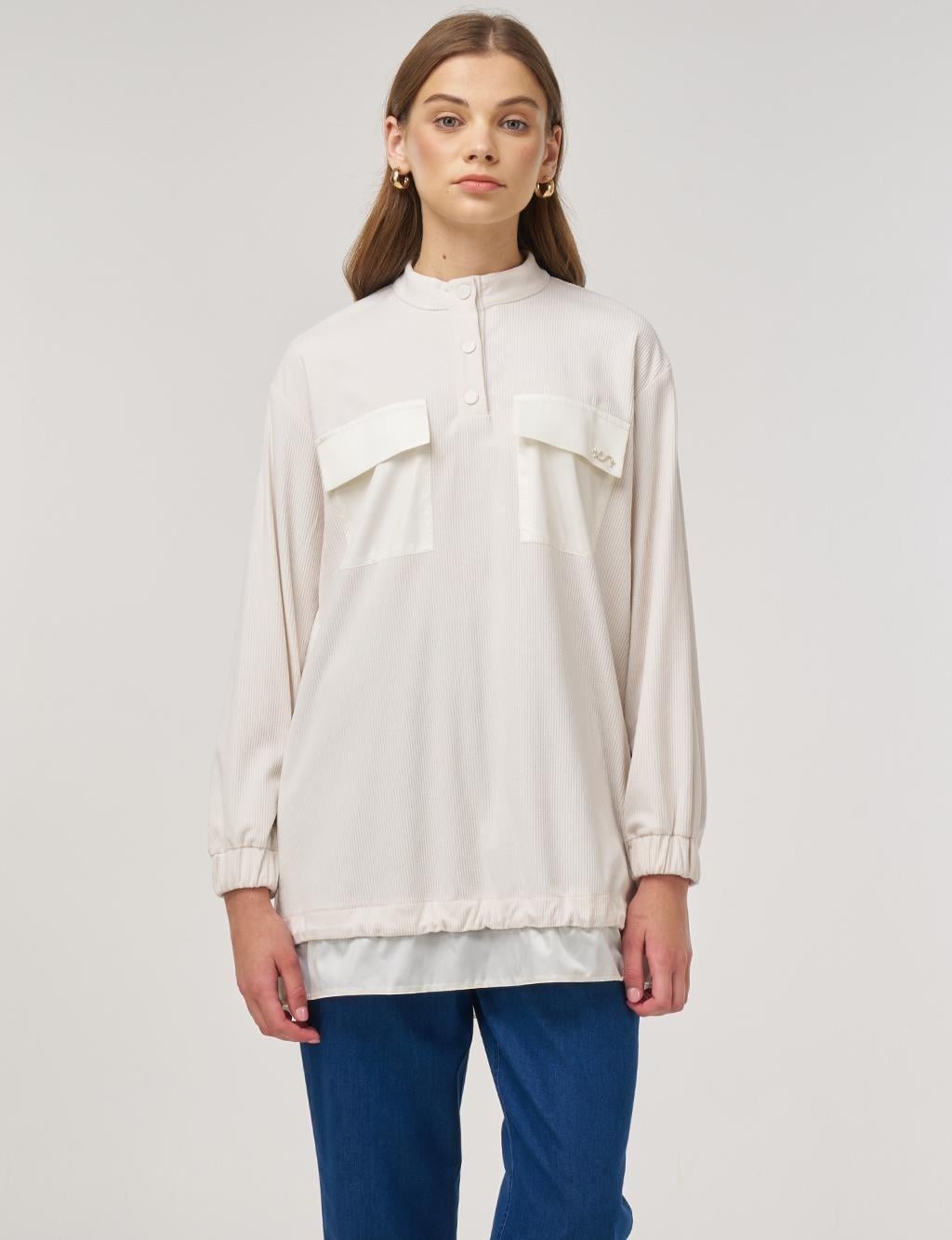 Kayra Çift Cepli Kadife Tunik KY-A25-70004 - Krem