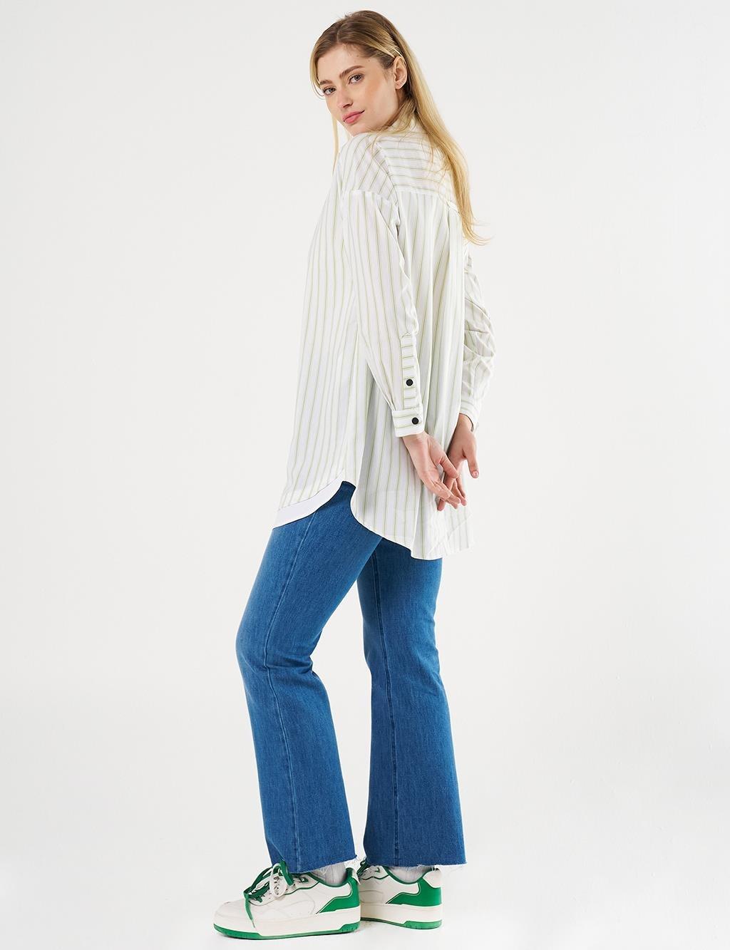 Kayra Denim Garnili Çizgi Desen Tunik - Fıstık Yeşil