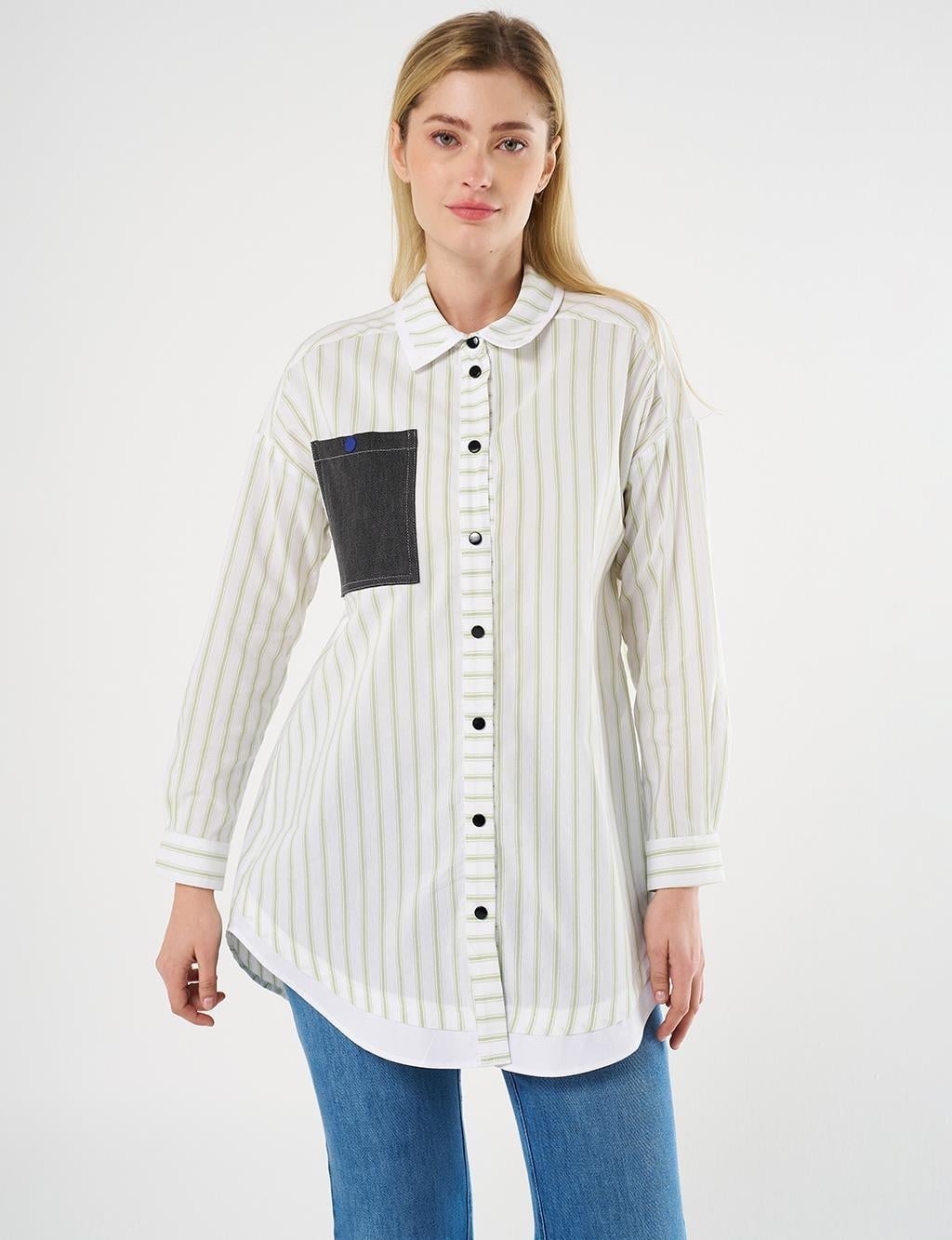 Kayra Denim Garnili Çizgi Desen Tunik - Fıstık Yeşil
