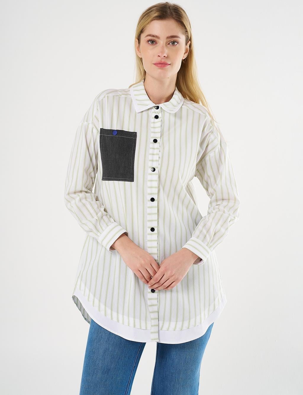 Kayra Denim Garnili Çizgi Desen Tunik - Fıstık Yeşil