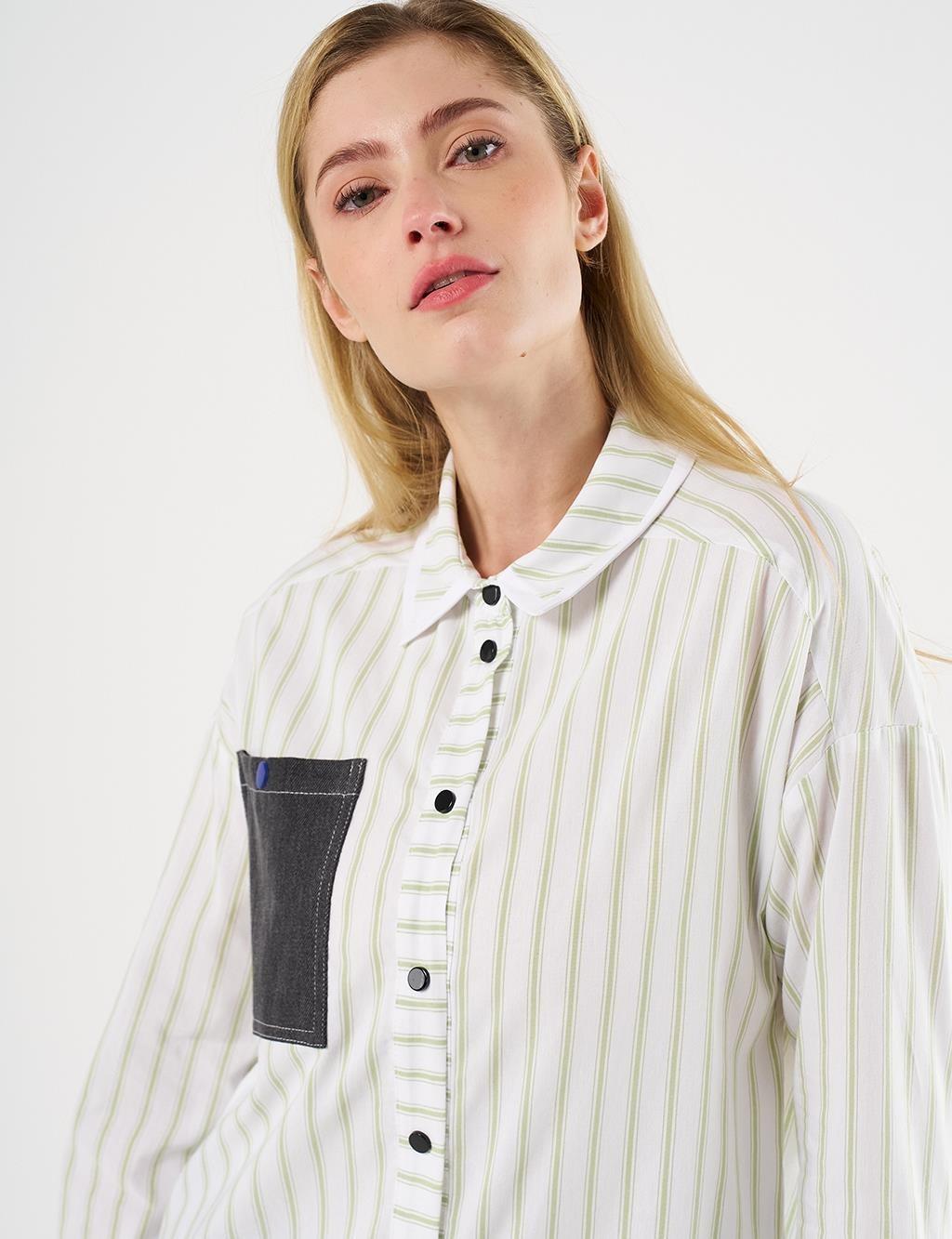 Kayra Denim Garnili Çizgi Desen Tunik - Fıstık Yeşil