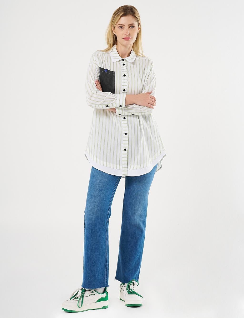 Kayra Denim Garnili Çizgi Desen Tunik - Fıstık Yeşil