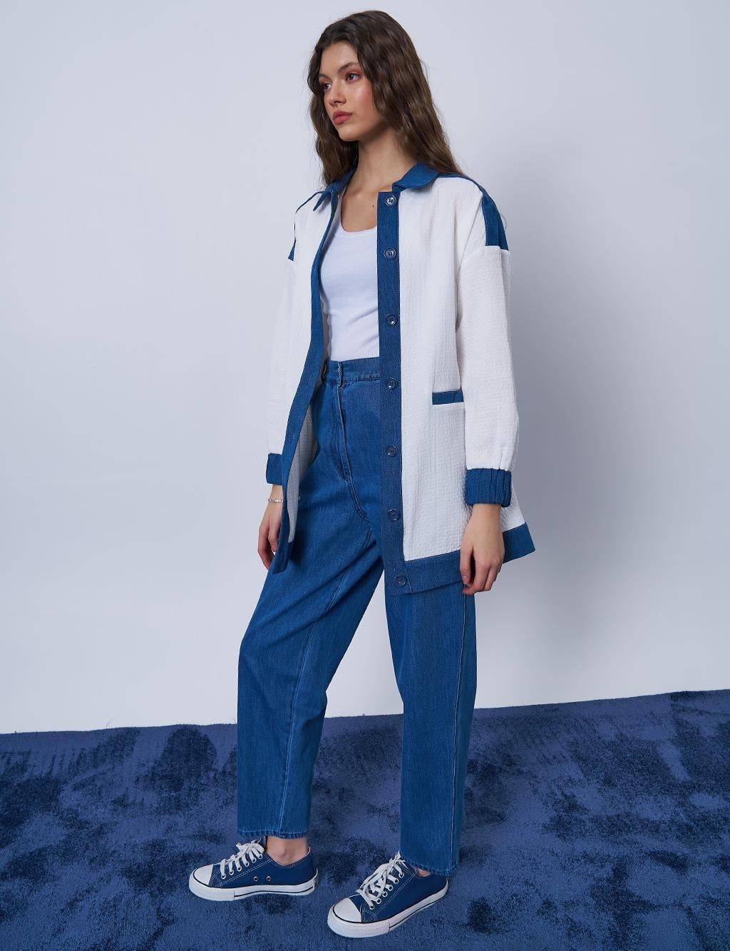 Kayra Denim Garnili Gofreli Ceket - Ekru
