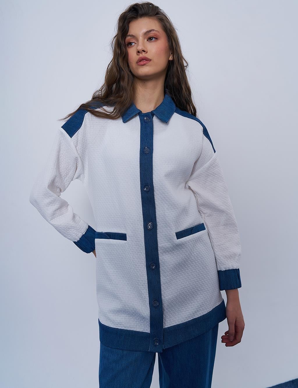 Kayra Denim Garnili Gofreli Ceket - Ekru