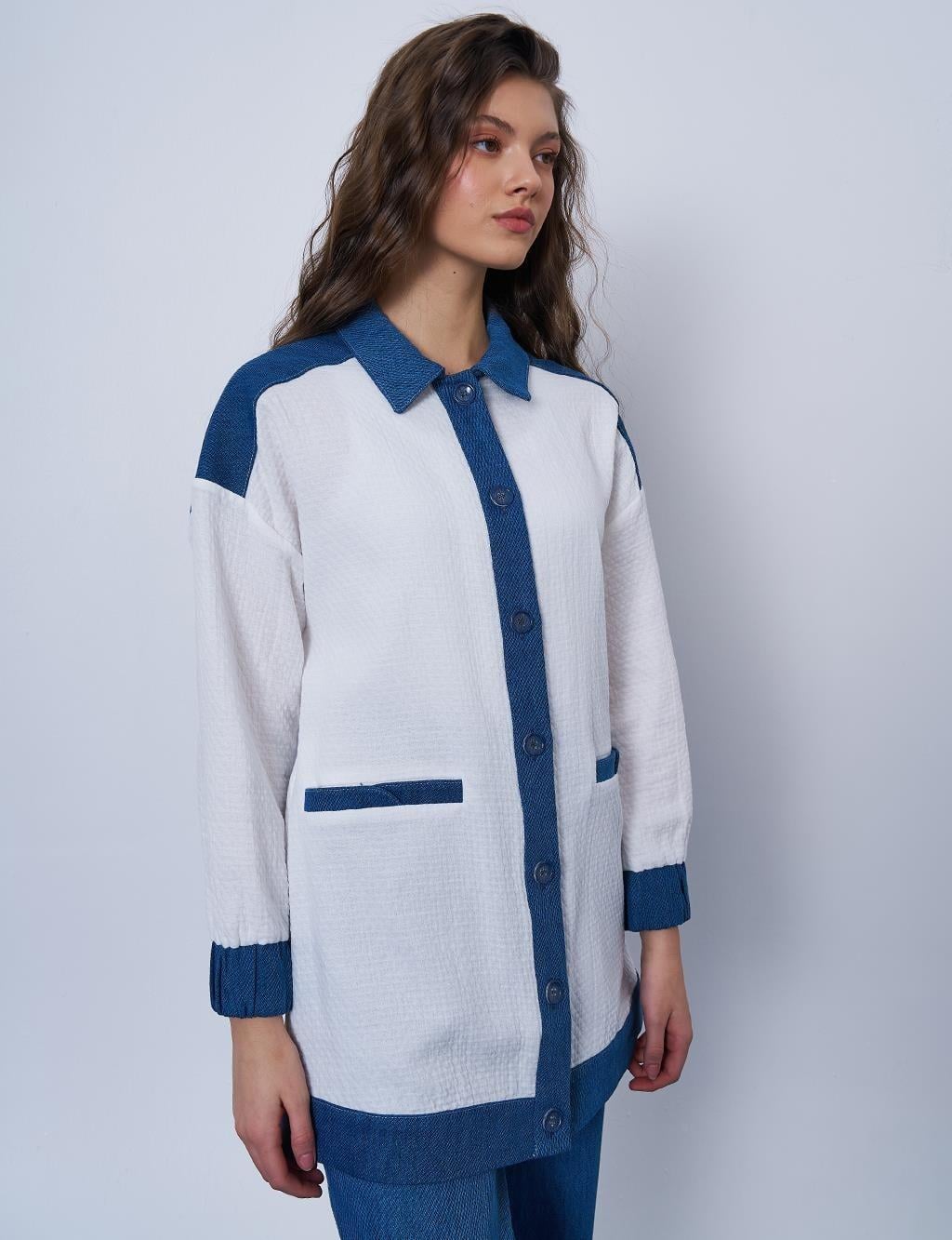 Kayra Denim Garnili Gofreli Ceket - Ekru