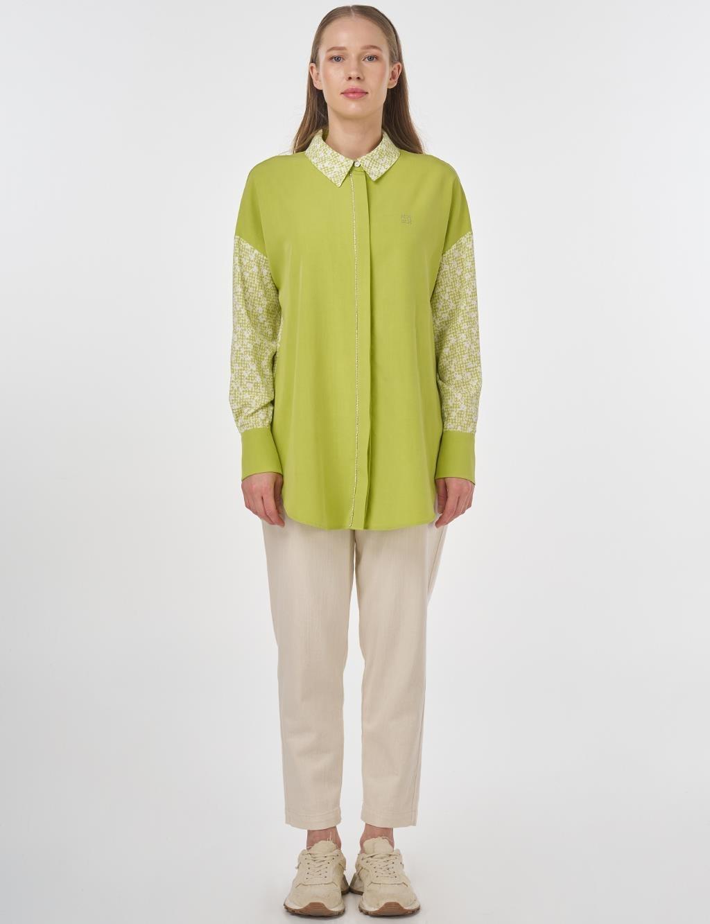 Kayra Floral Desen Tunik Yaka Tunik - Fıstık Yeşil