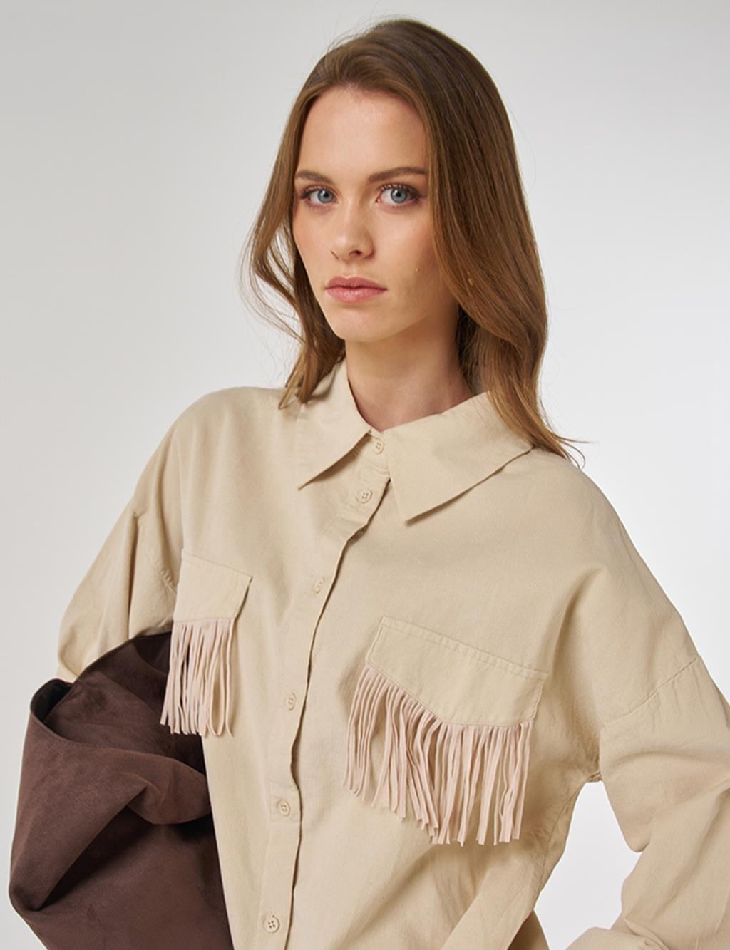 Kayra Püskül Detaylı Kadife Tunik  KA-A25-21054 - Krem