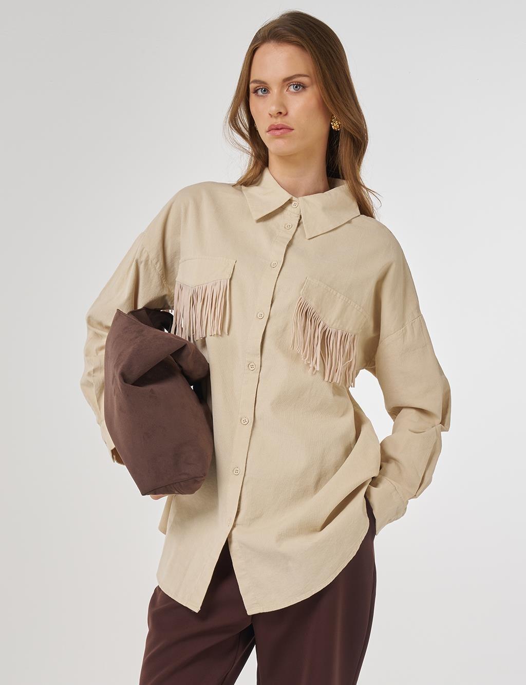 Kayra Püskül Detaylı Kadife Tunik  KA-A25-21054 - Krem