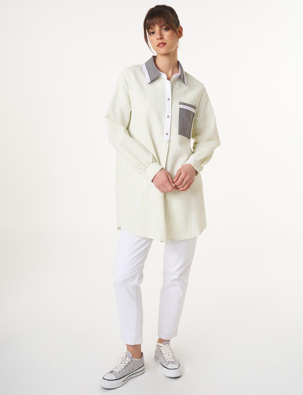 Kayra Yaka Taş Detaylı Çizgili Tunik KY-B25-81019 - Fıstık Yeşil