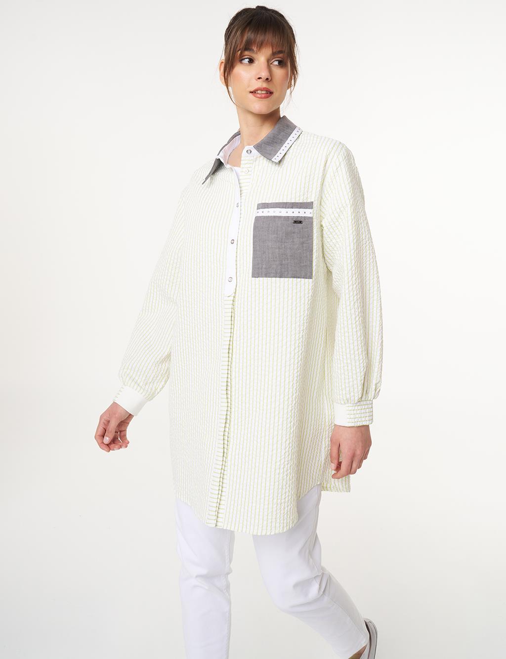 Kayra Yaka Taş Detaylı Çizgili Tunik KY-B25-81019 - Fıstık Yeşil