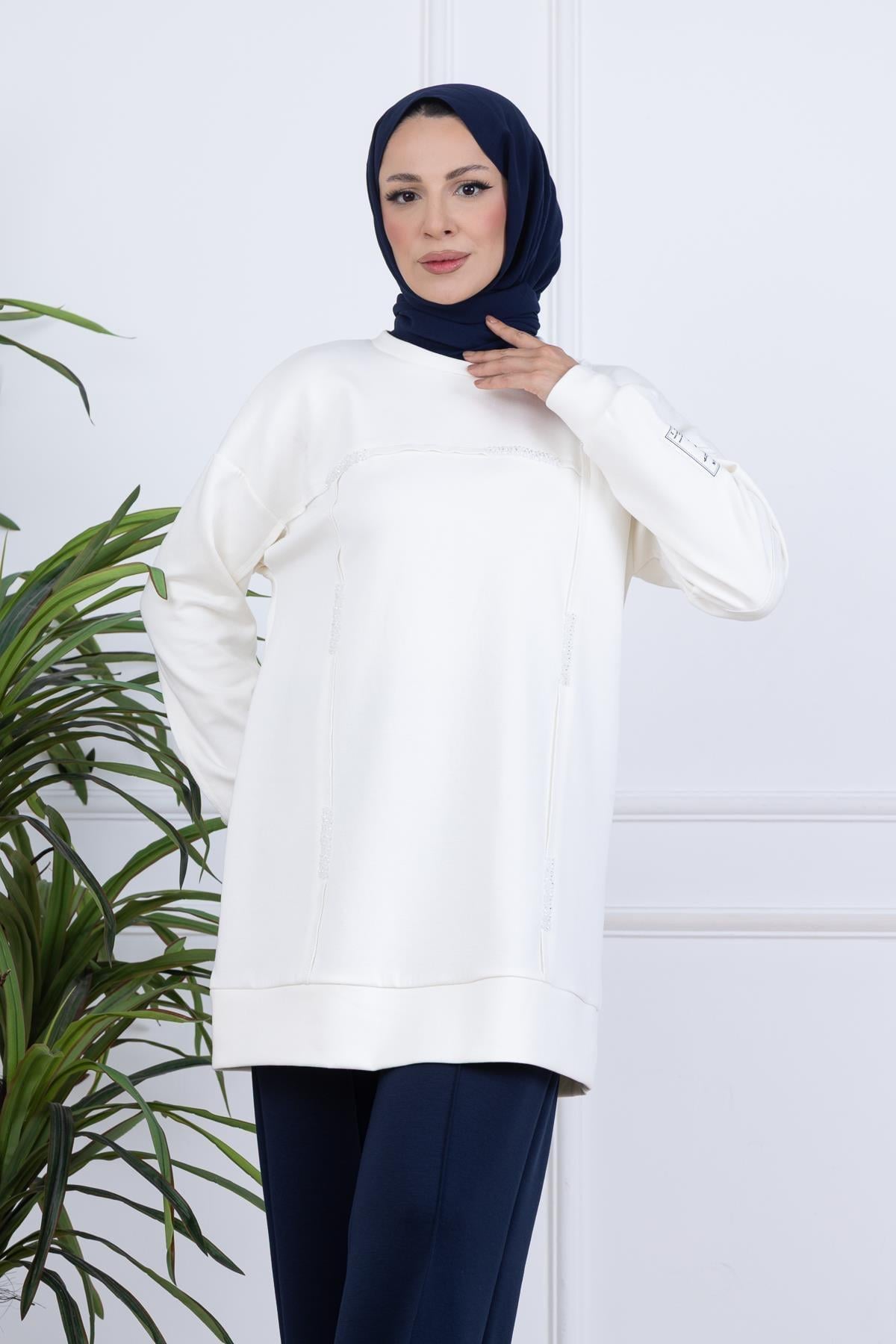 Kol Etiket Detaylı Sweatshirt - Ekru