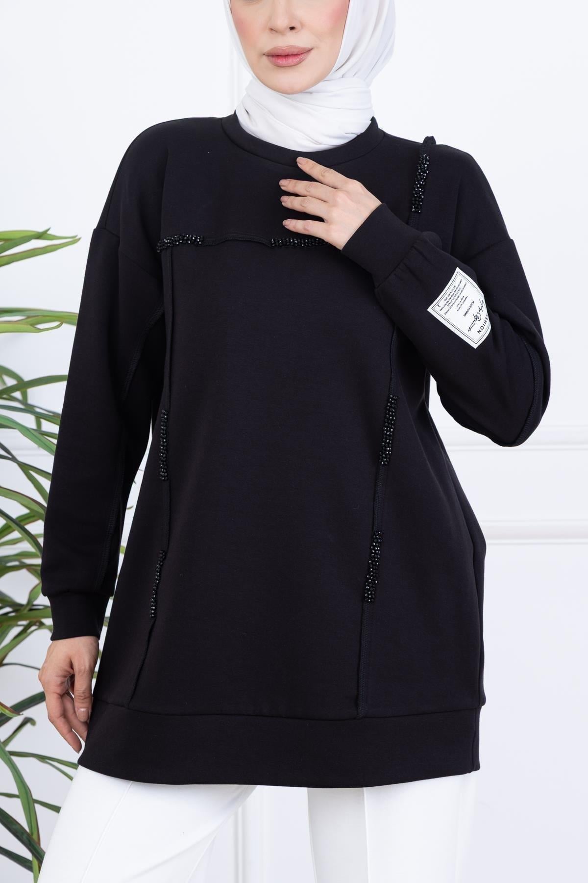 Kol Etiket Detaylı Sweatshirt - Siyah