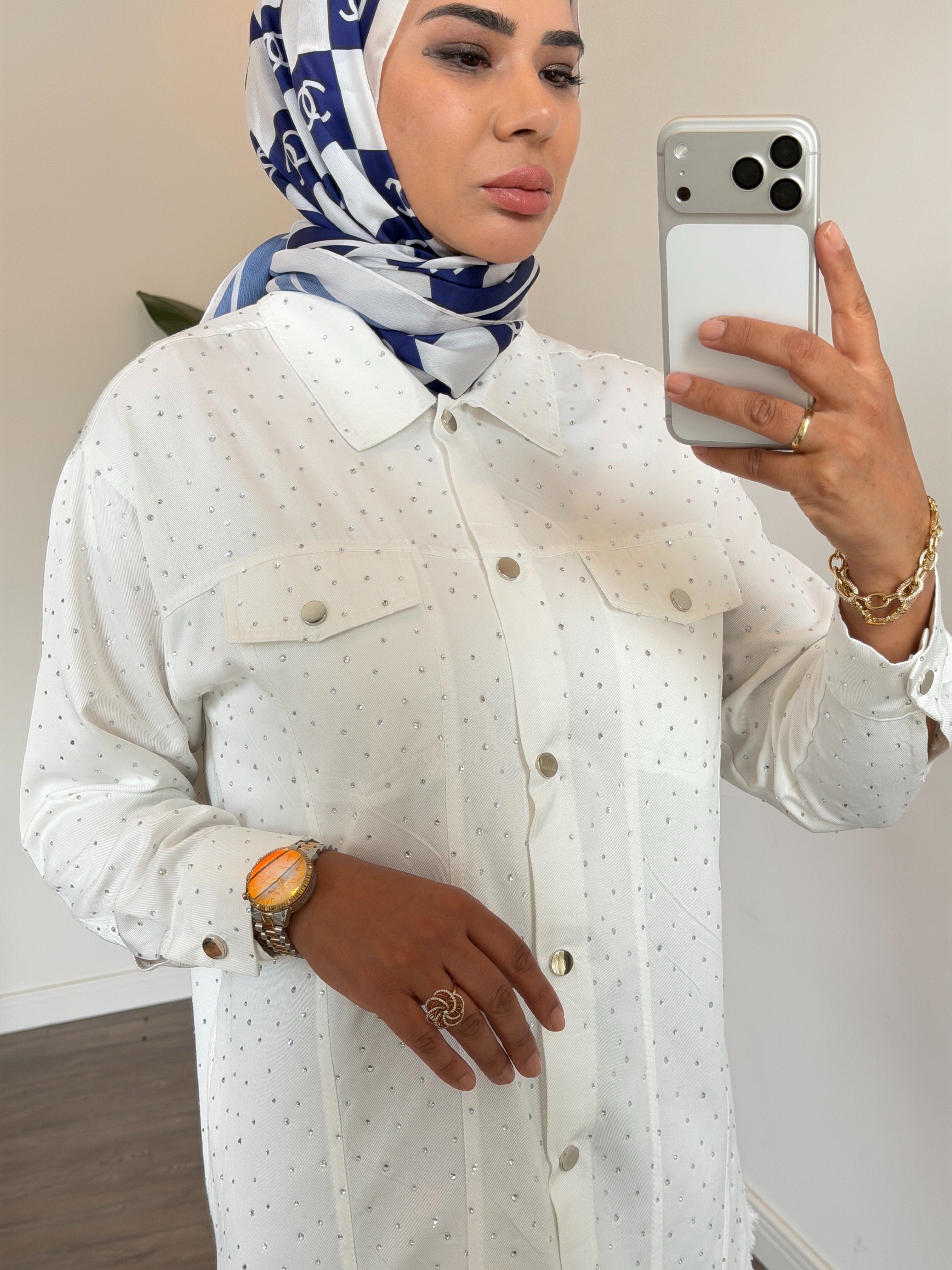 Kristal Serpme Taşlı Kot Ceket - Ekru