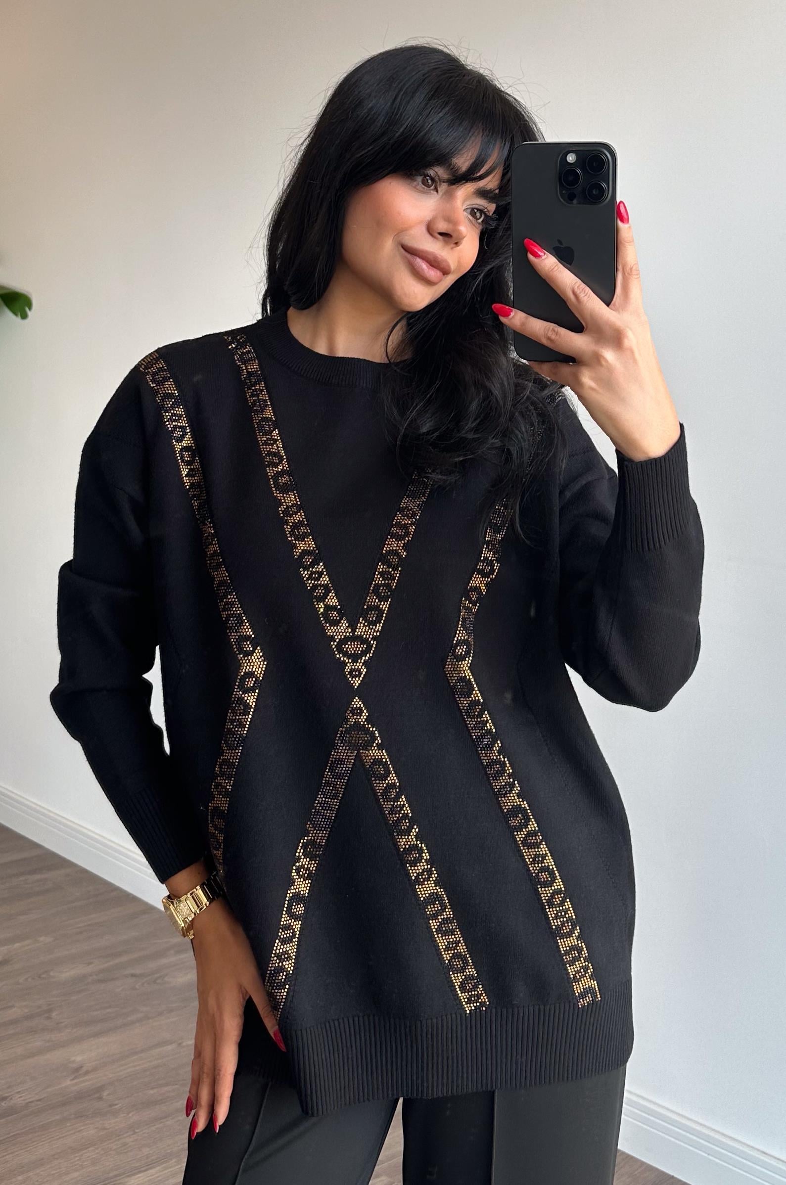 Leopar Taşlı Triko Tunik - Siyah