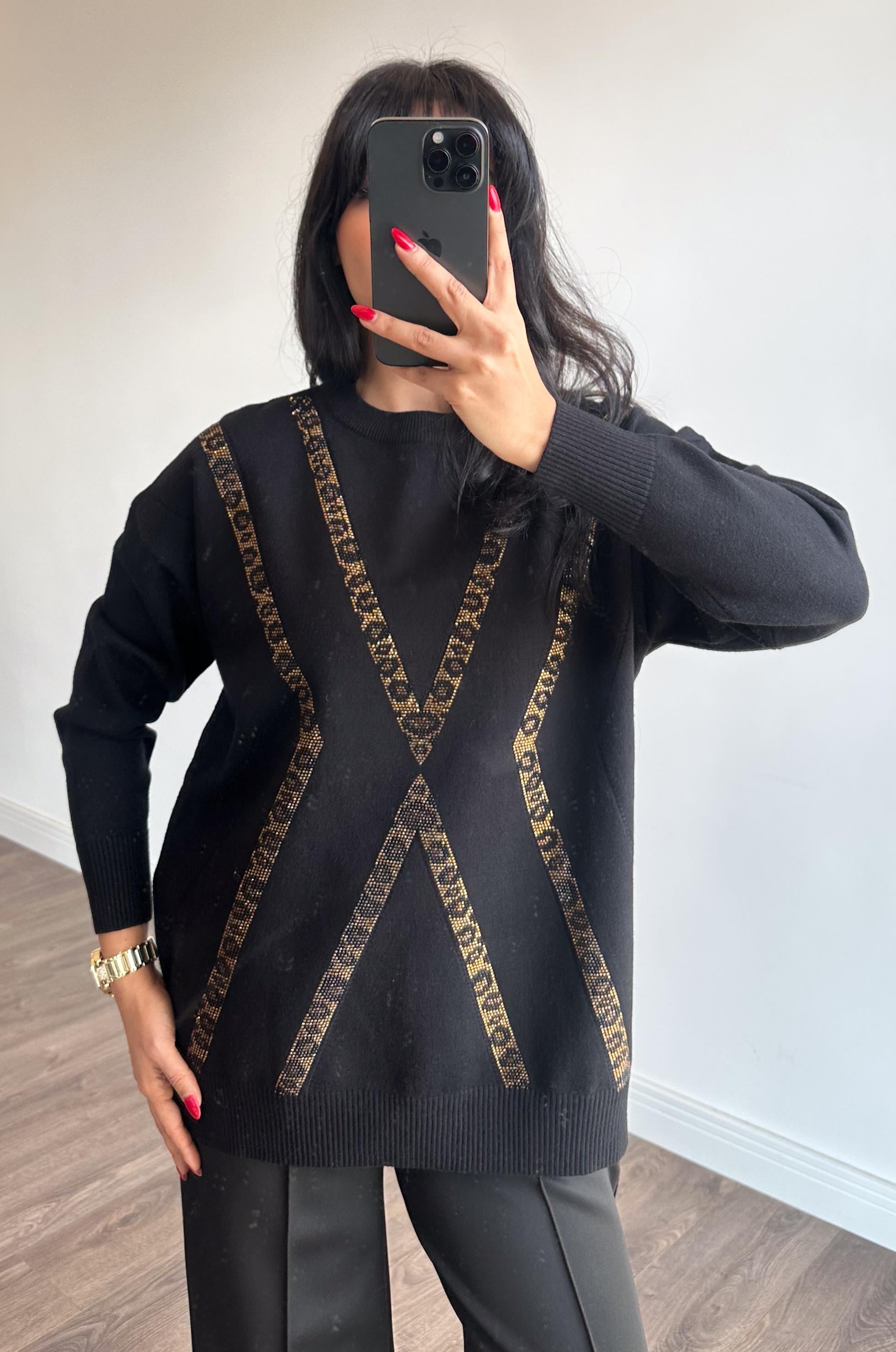 Leopar Taşlı Triko Tunik - Siyah