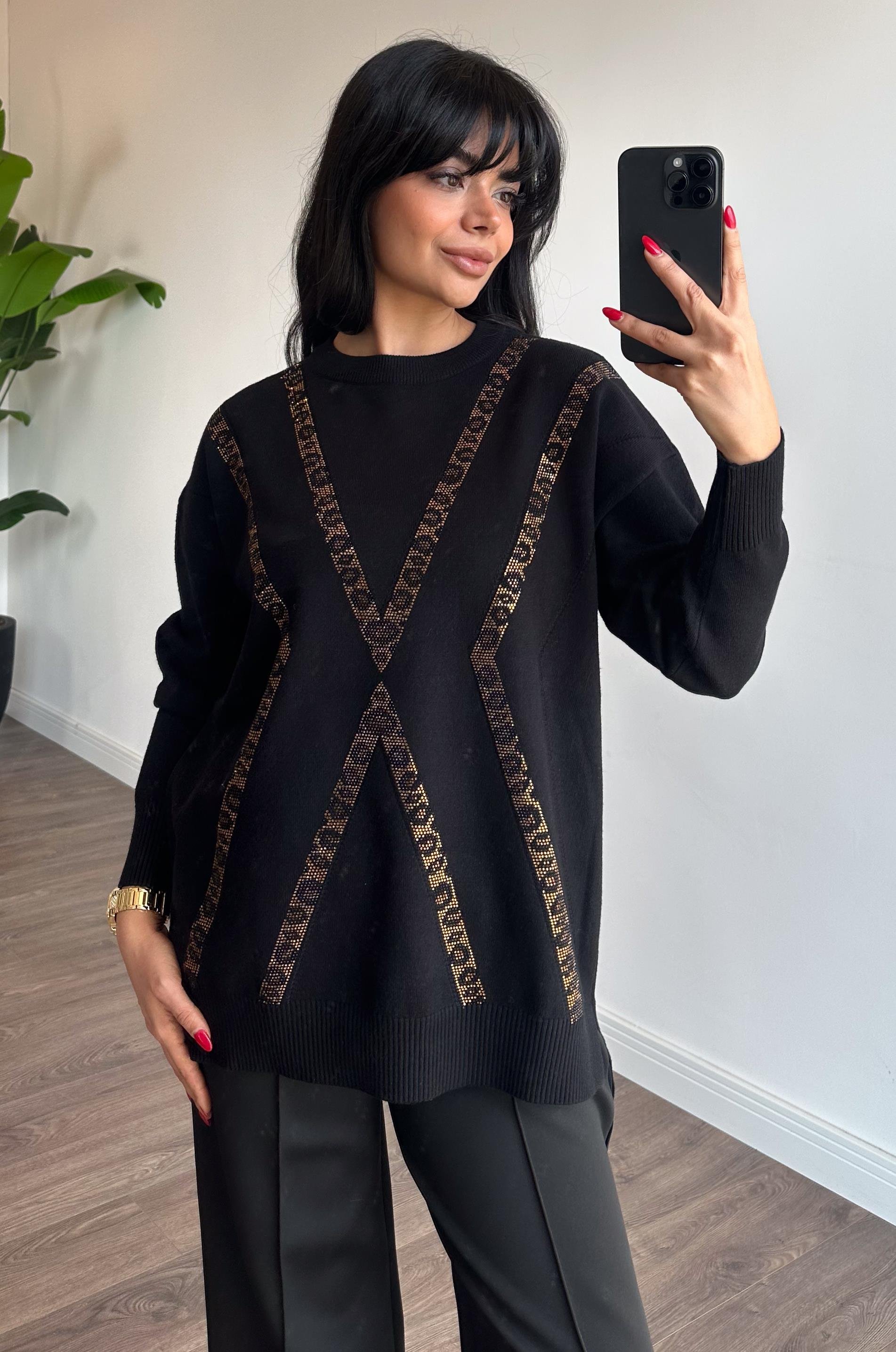 Leopar Taşlı Triko Tunik - Siyah