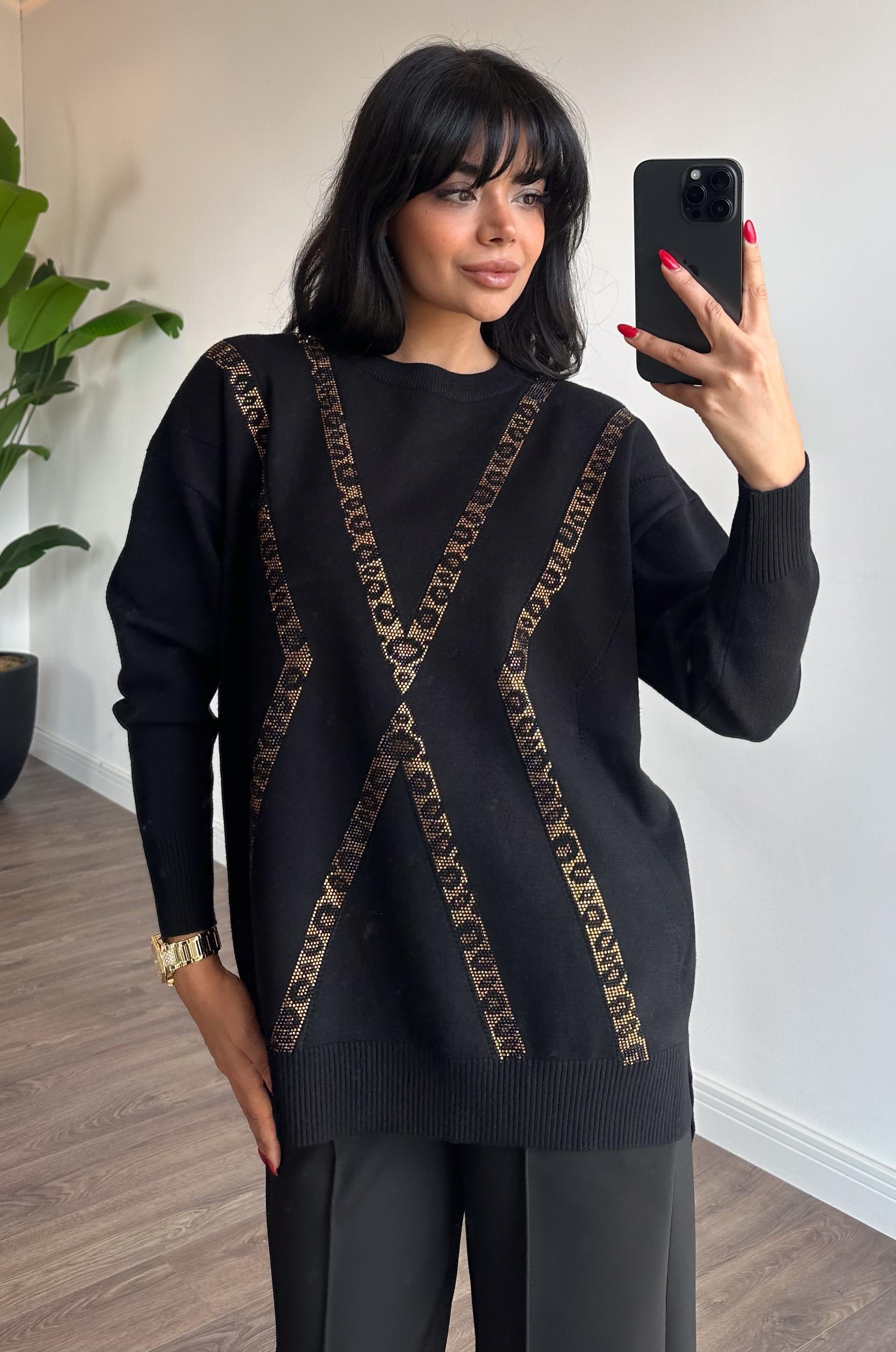Leopar Taşlı Triko Tunik - Siyah