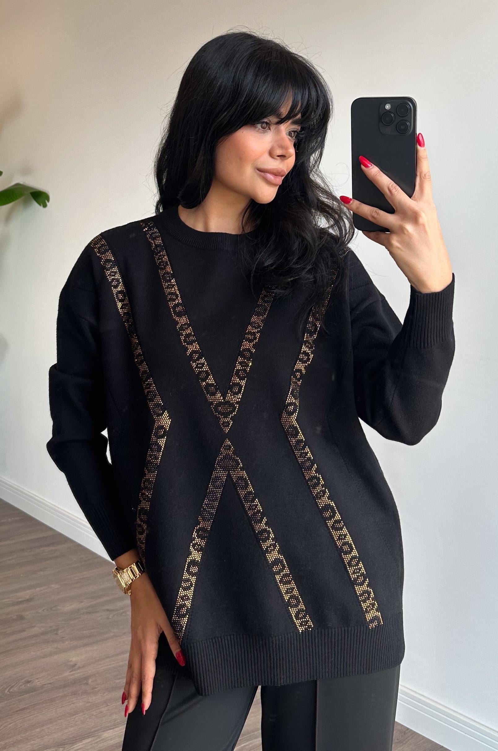 Leopar Taşlı Triko Tunik - Siyah