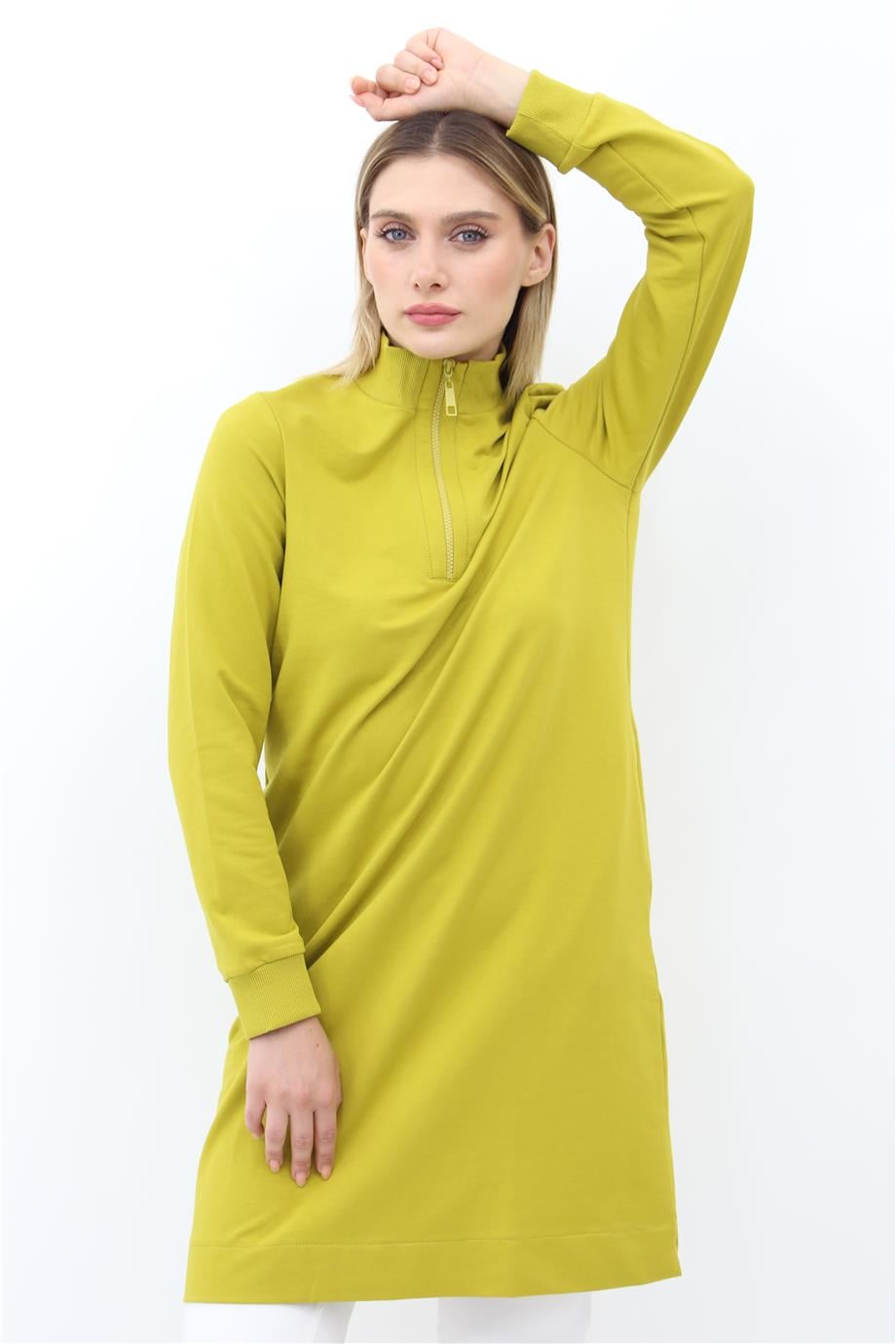 Mahhar Dik Yaka İki İplik Fermuarlı Tunik - Olive