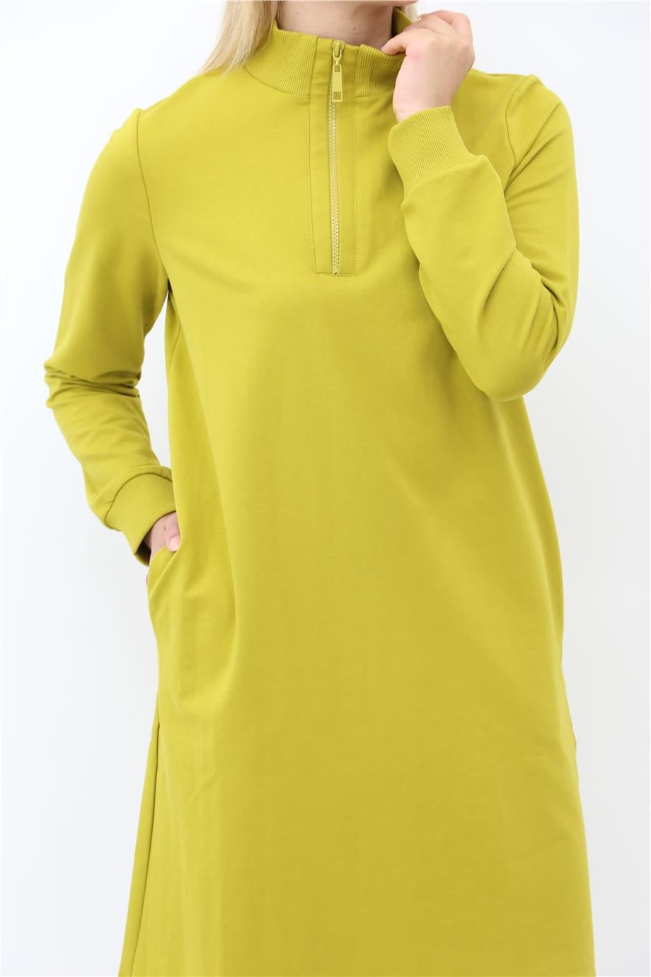 Mahhar Dik Yaka İki İplik Fermuarlı Tunik - Olive