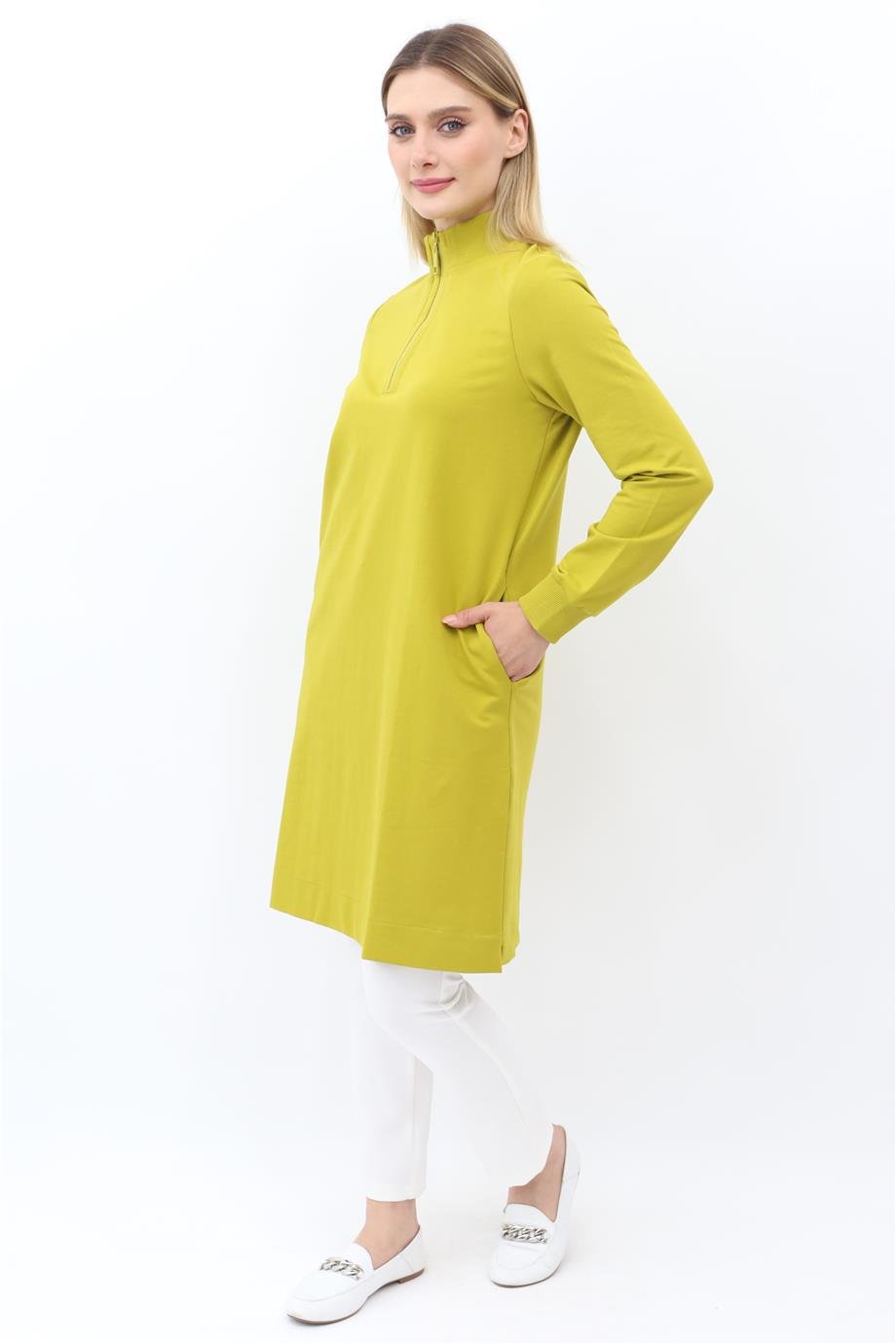 Mahhar Dik Yaka İki İplik Fermuarlı Tunik - Olive