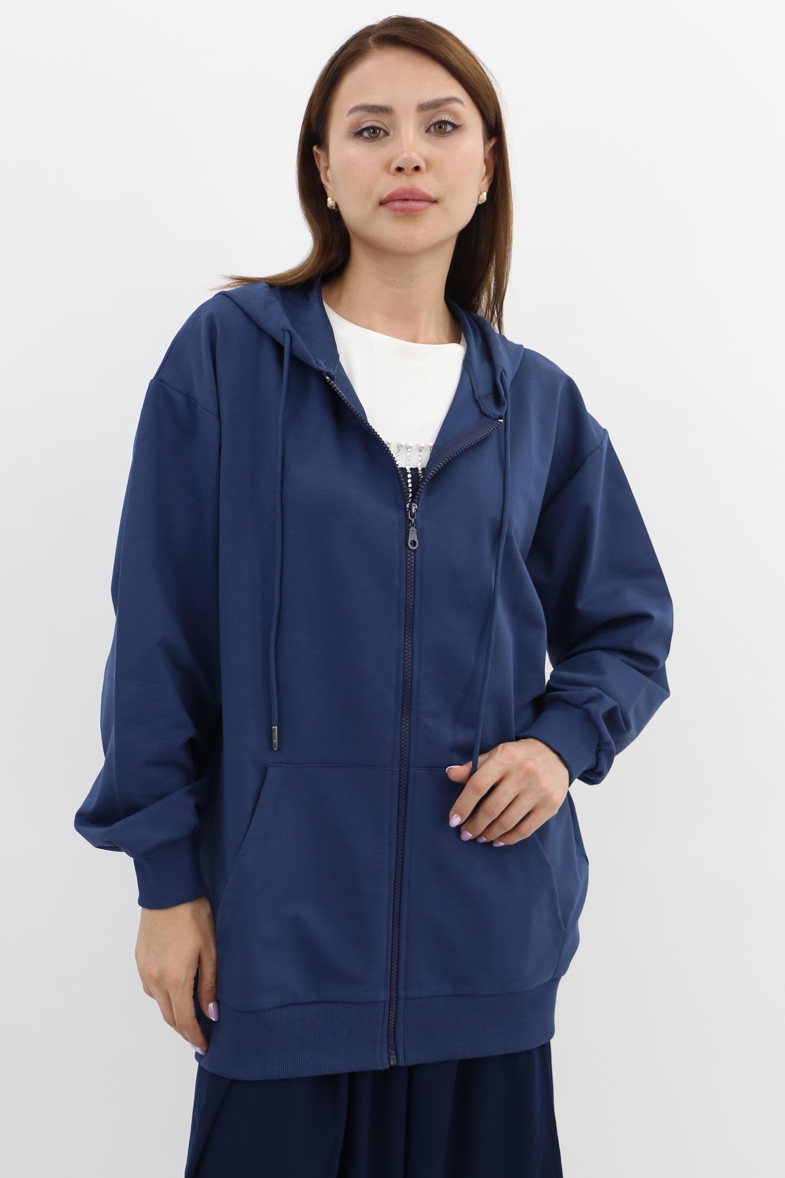Mahhar İki İplilk Kapüşonlu Fermuarlı Sweatshirt - İndigo