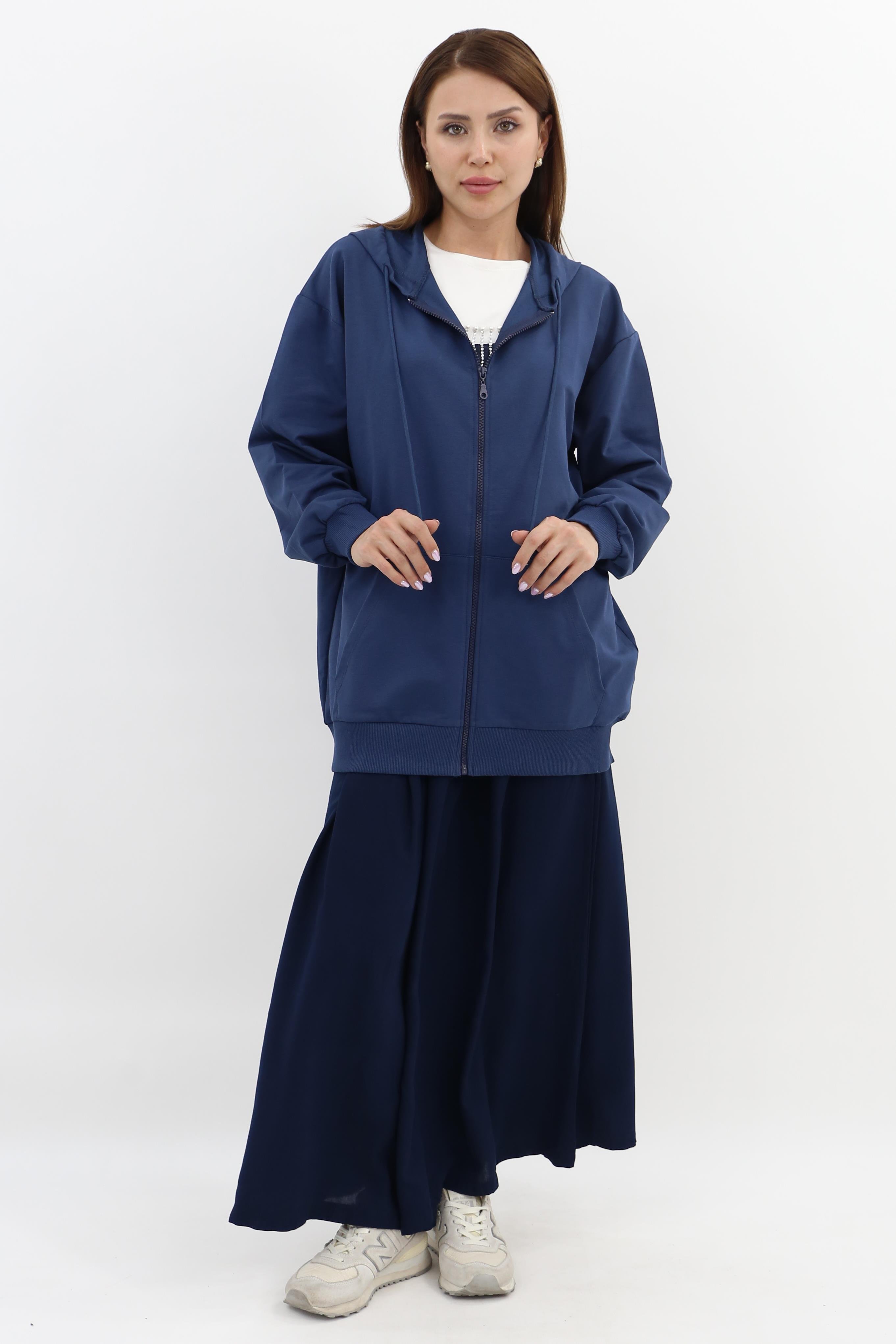 Mahhar İki İplilk Kapüşonlu Fermuarlı Sweatshirt - İndigo
