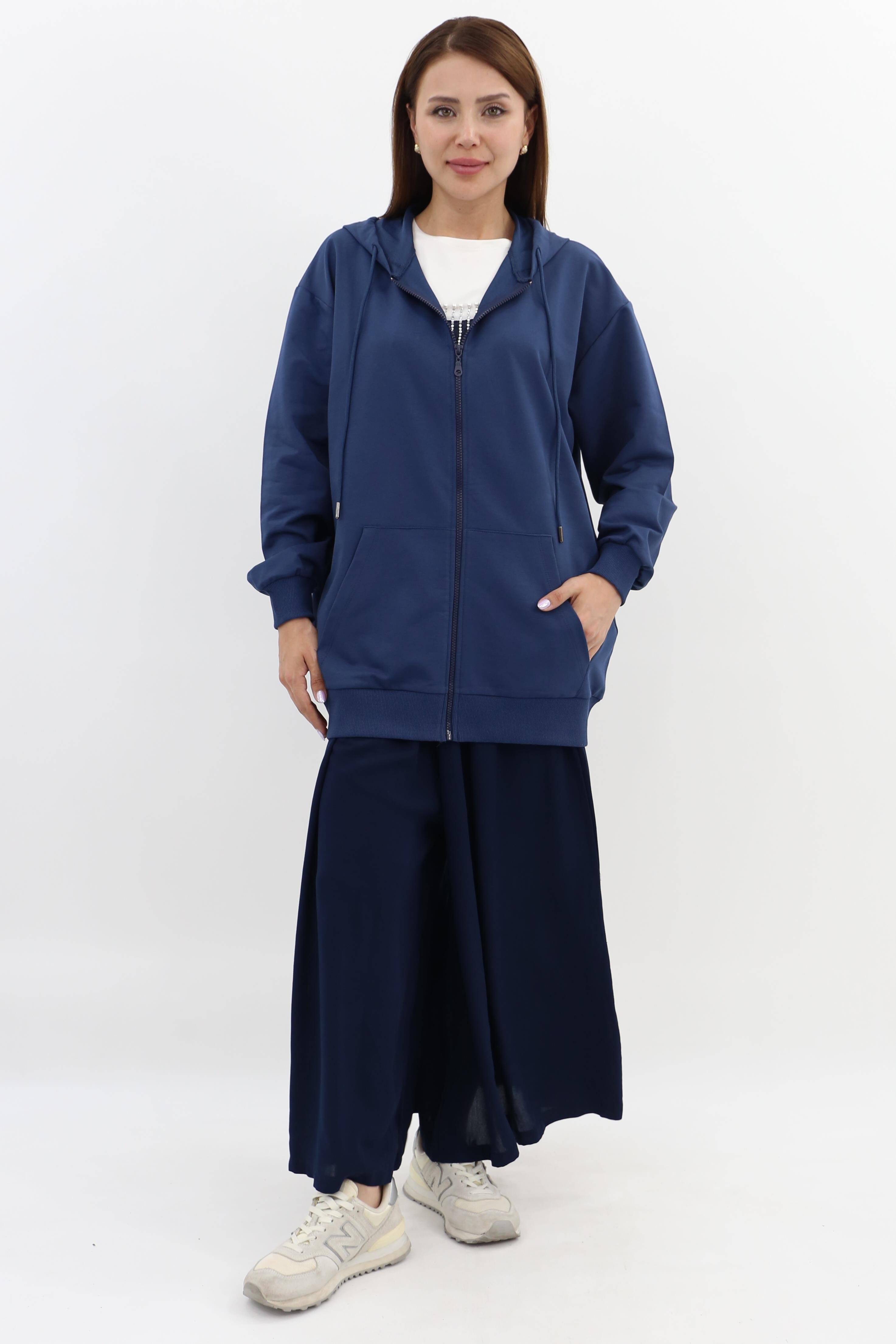 Mahhar İki İplilk Kapüşonlu Fermuarlı Sweatshirt - İndigo