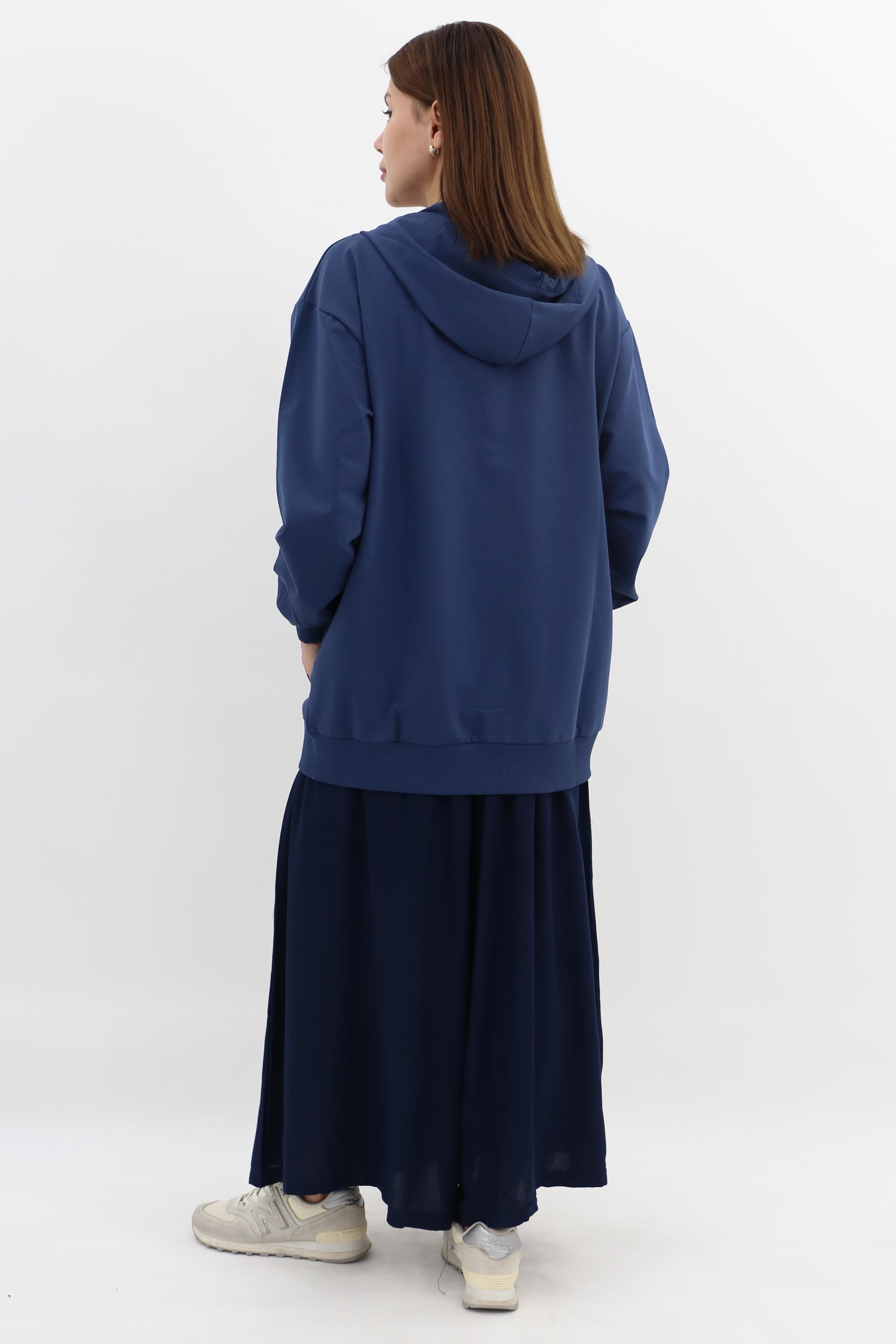 Mahhar İki İplilk Kapüşonlu Fermuarlı Sweatshirt - İndigo
