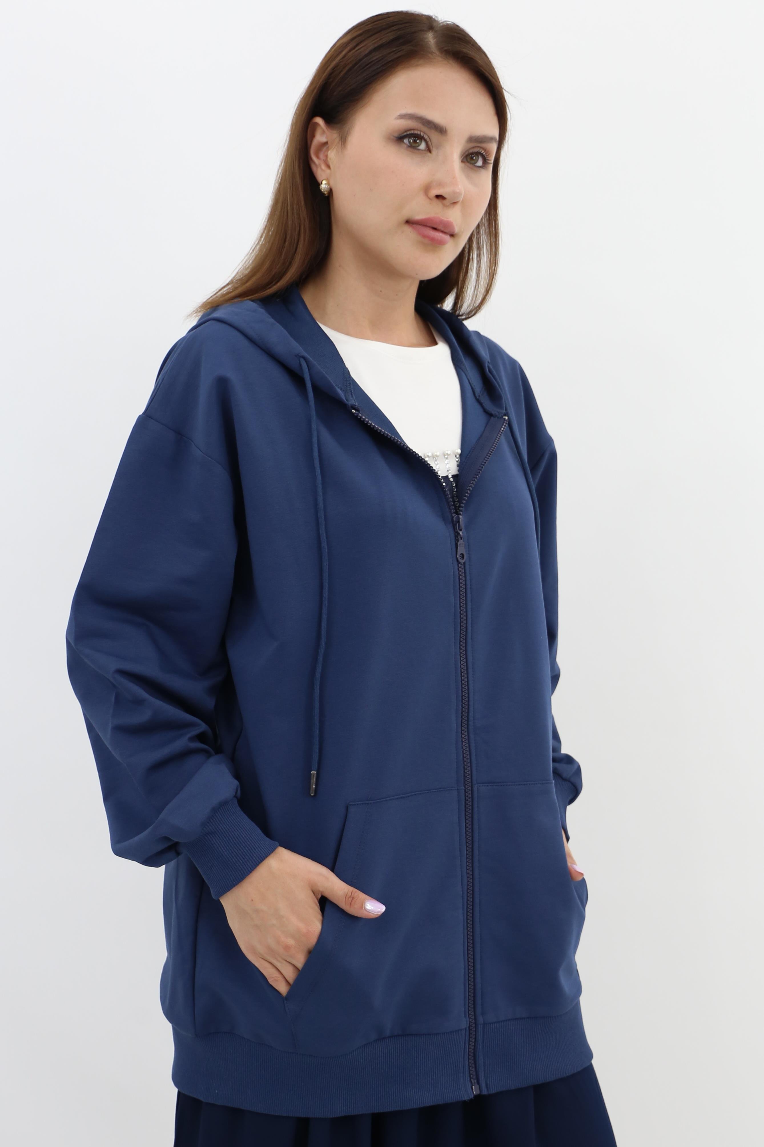 Mahhar İki İplilk Kapüşonlu Fermuarlı Sweatshirt - İndigo