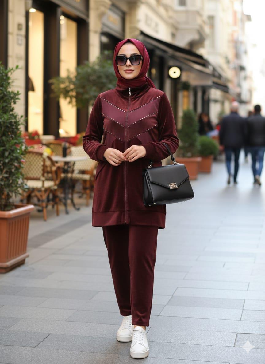 Metal Aksesuarlı Kadife Takım - Bordo