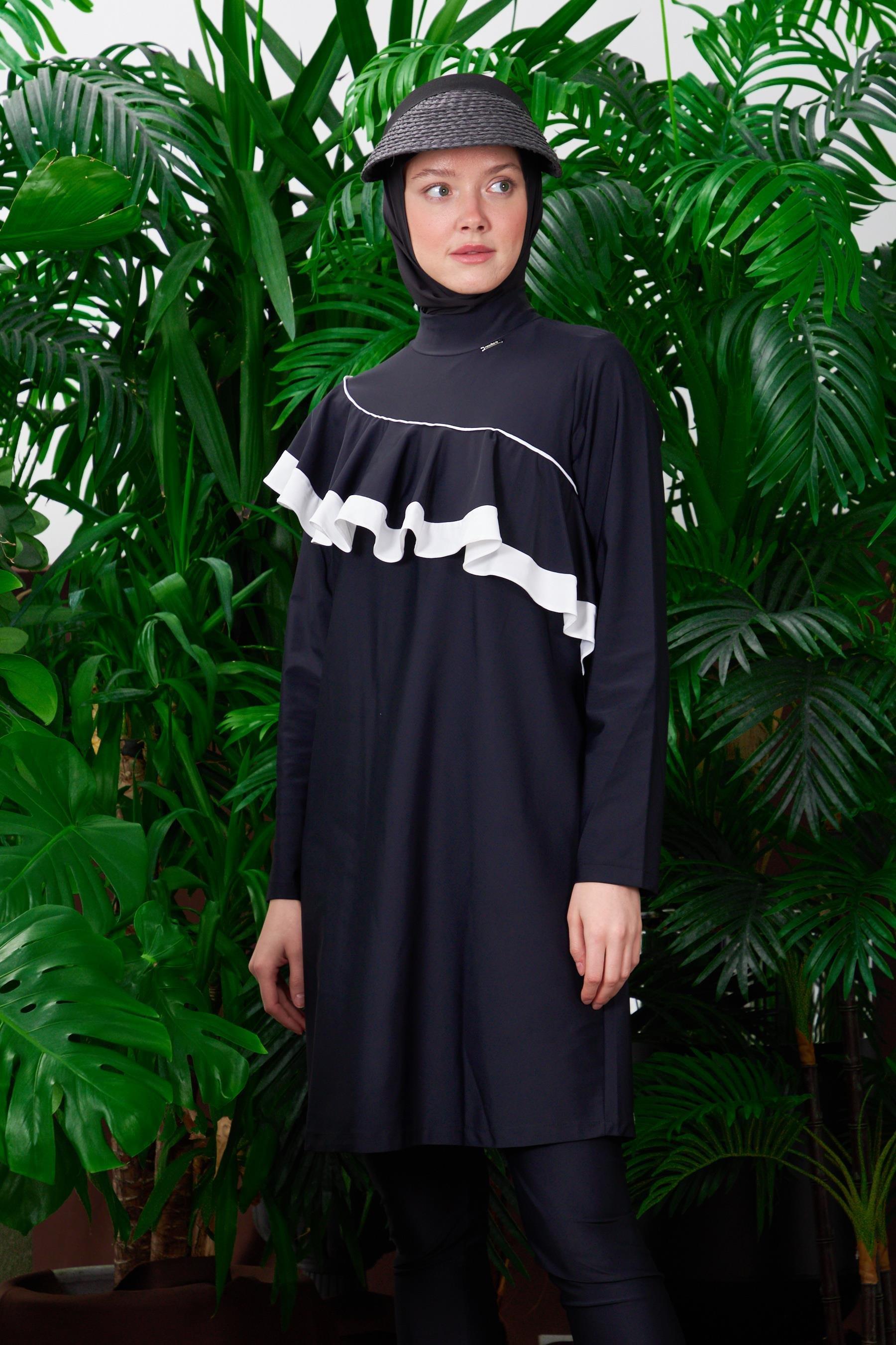 Moodbasic Biyeli Volanlı Tesettür Mayo Sw36.186 - Siyah