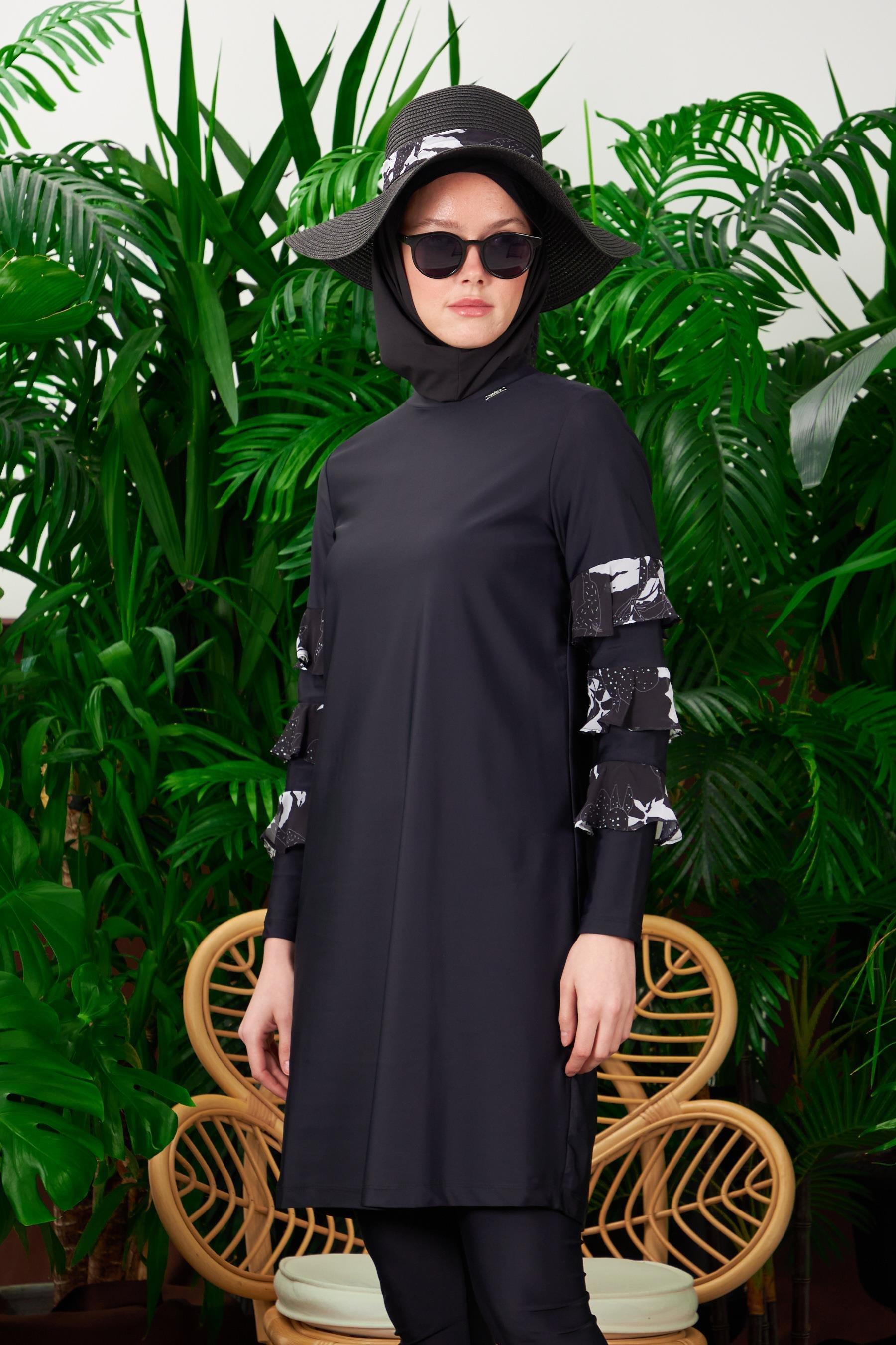 Moodbasic Desenli Şifon Volanlı Tesettür Mayo Sw36.193 - Siyah