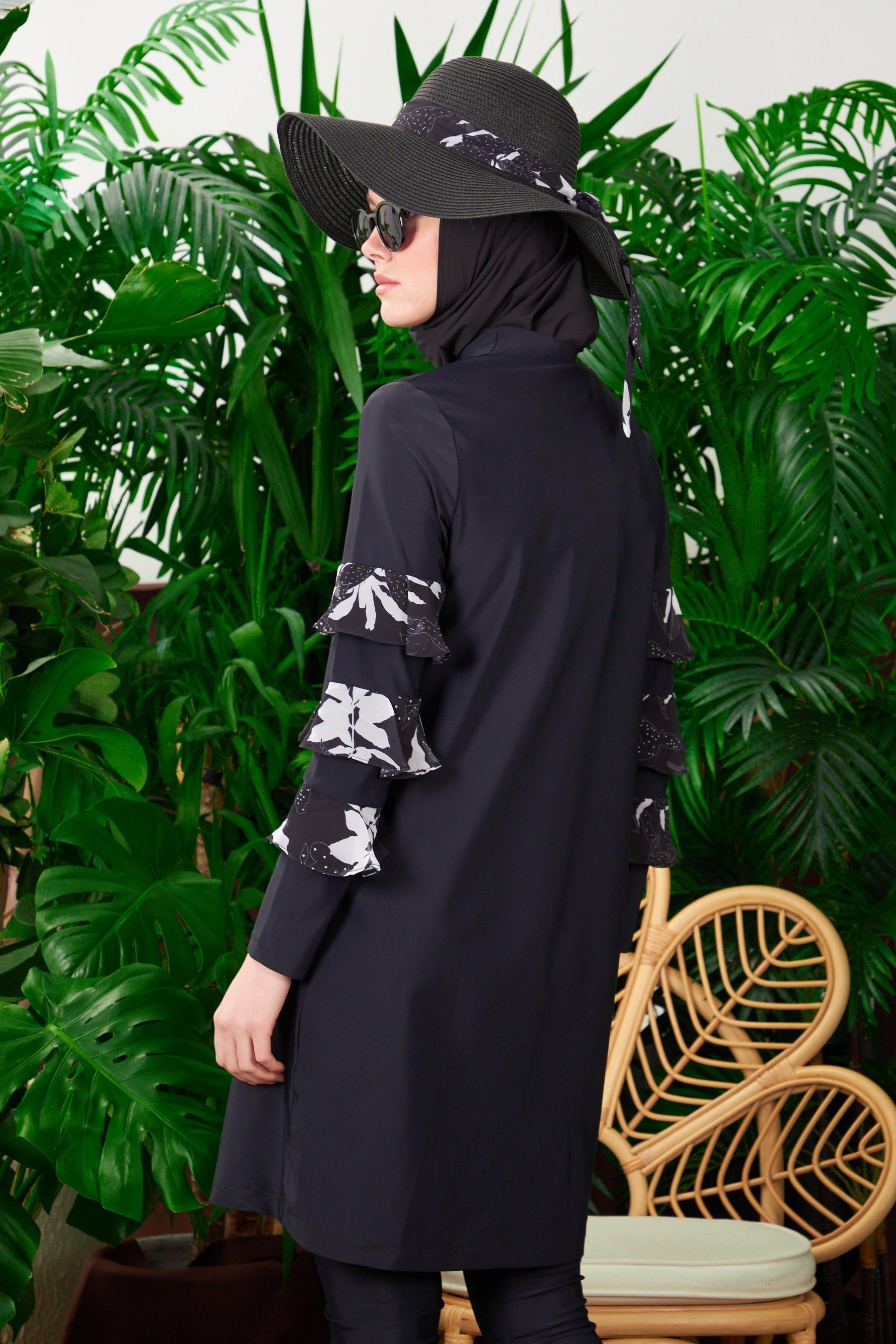 Moodbasic Desenli Şifon Volanlı Tesettür Mayo Sw36.193 - Siyah