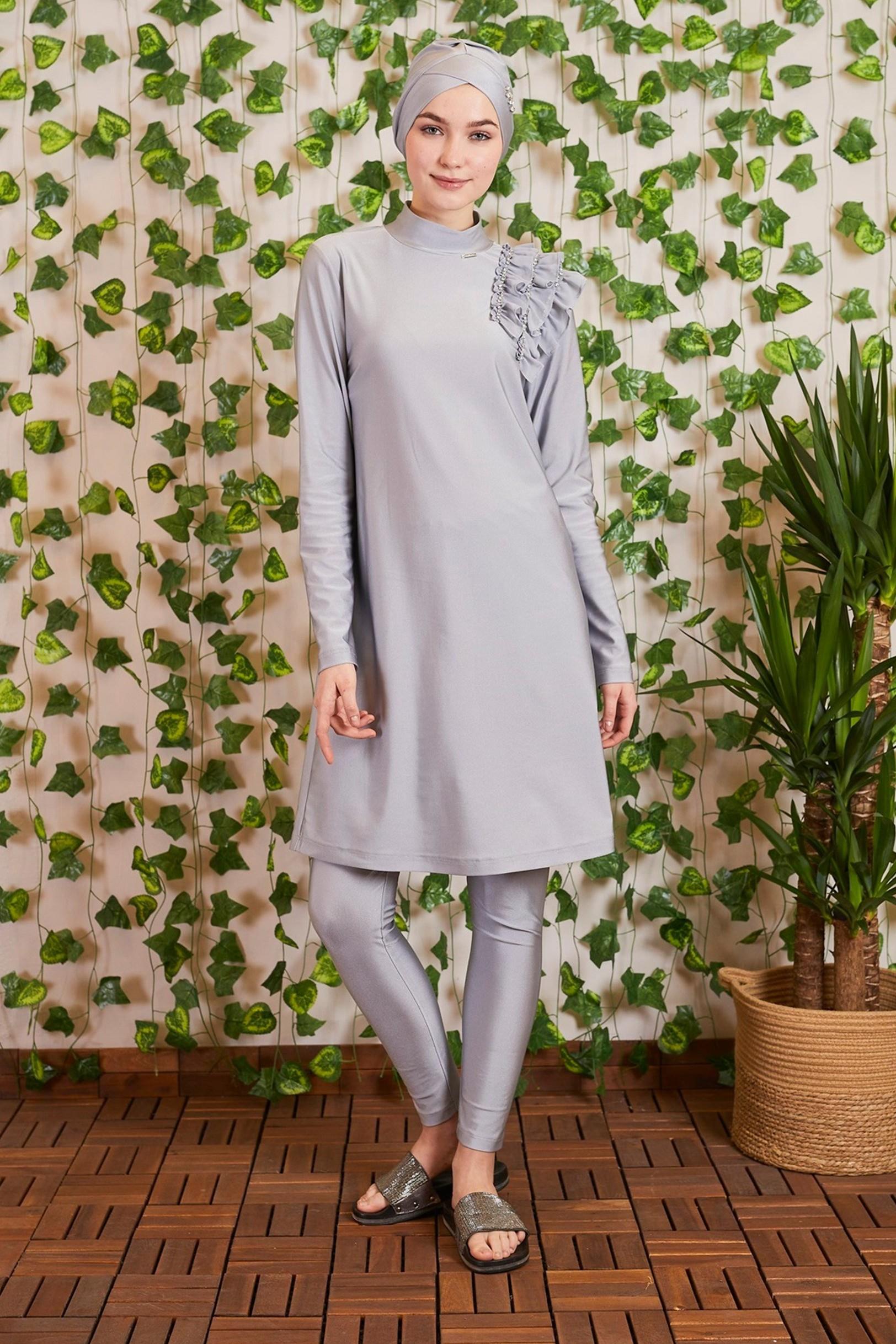 Moodbasic Fırfırlı Taşlı Tesettür Mayo Sw36.178 - GÜMÜŞ