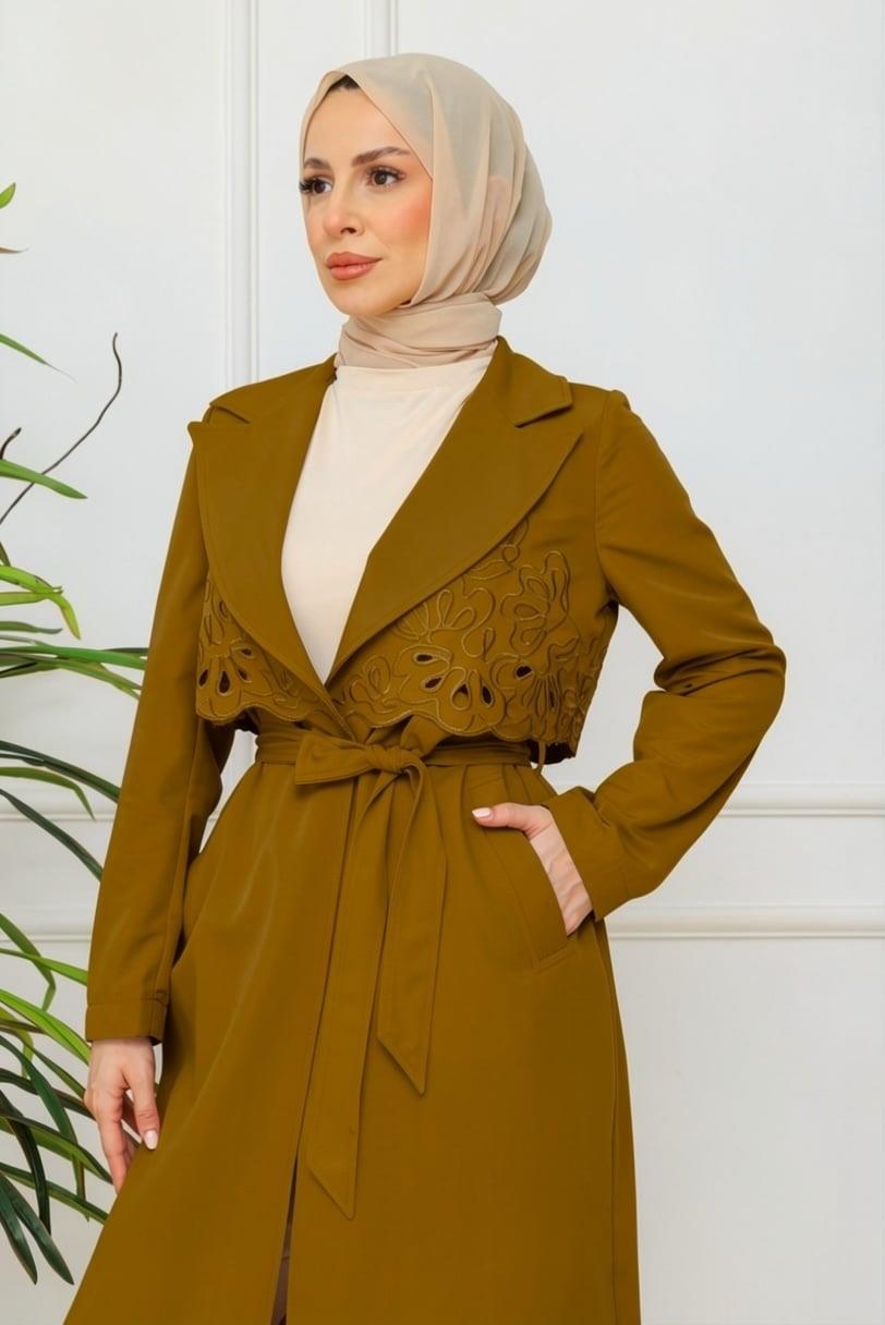 Nakış Detaylı Trençkot - Kiremit
