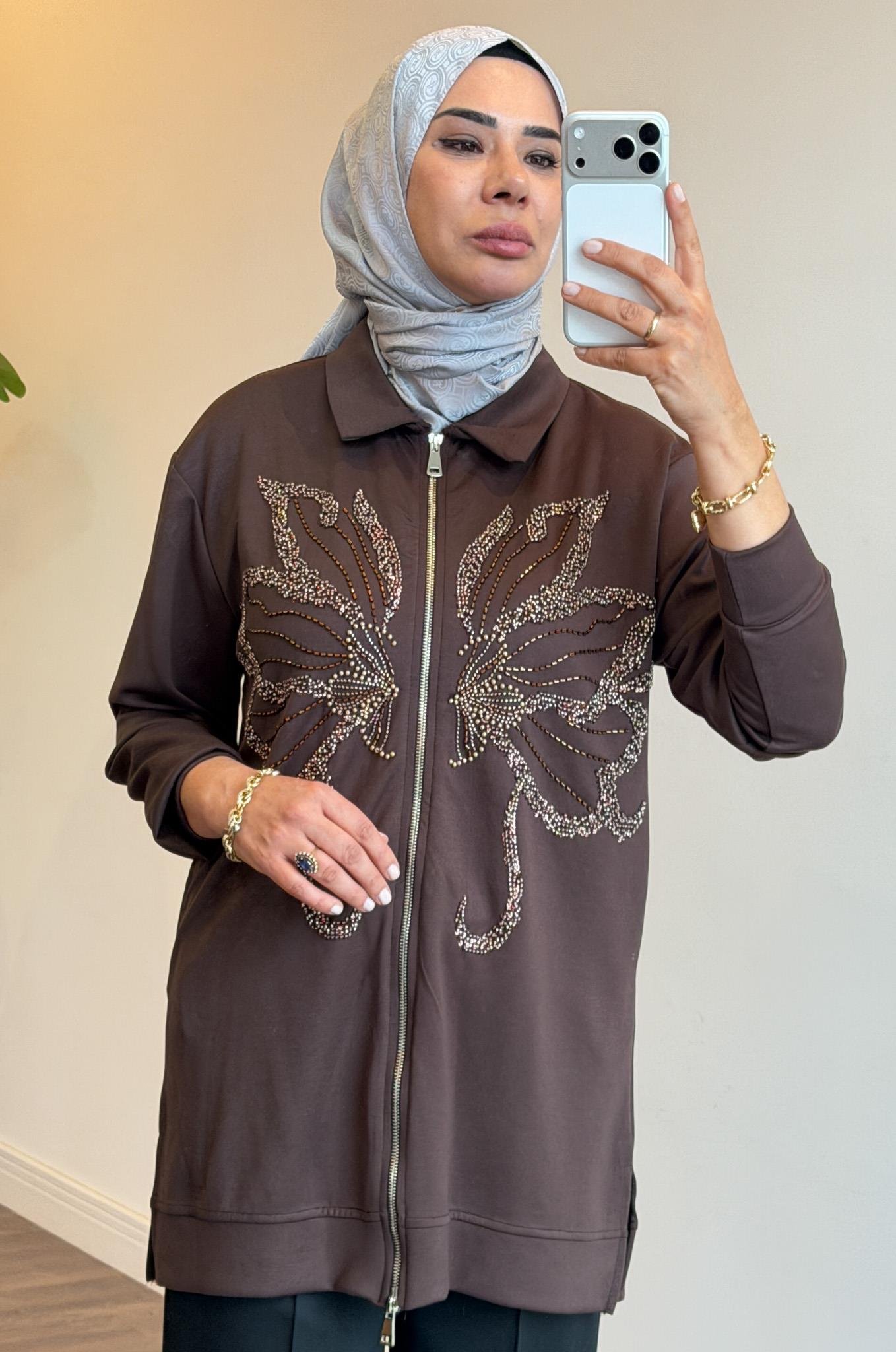 Nefise Baskılı Fermuarlı Gömlek Yaka Ceket Tunik - Kahve