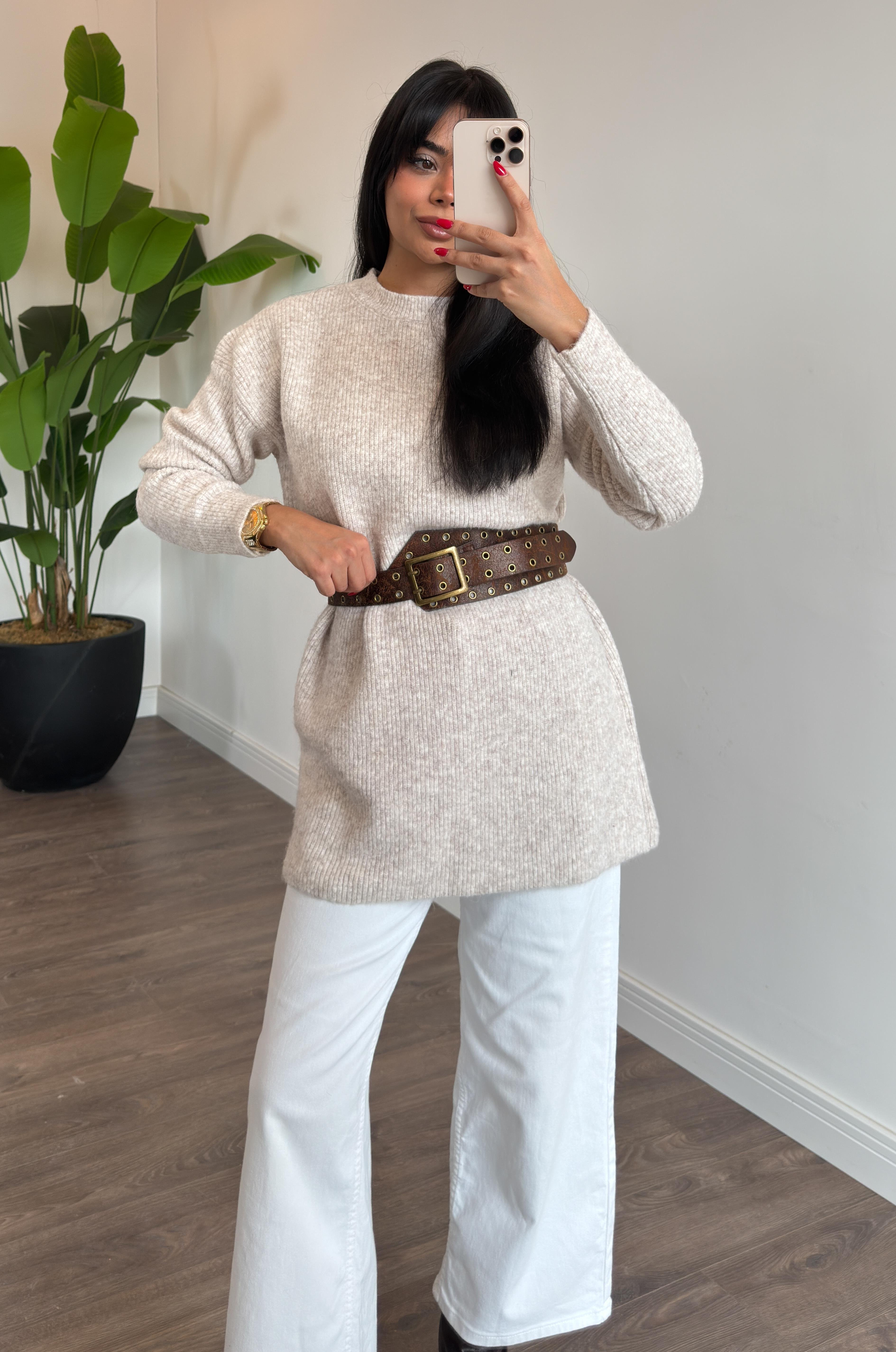 Oslo Simit Yaka Basic Tunik - Bej
