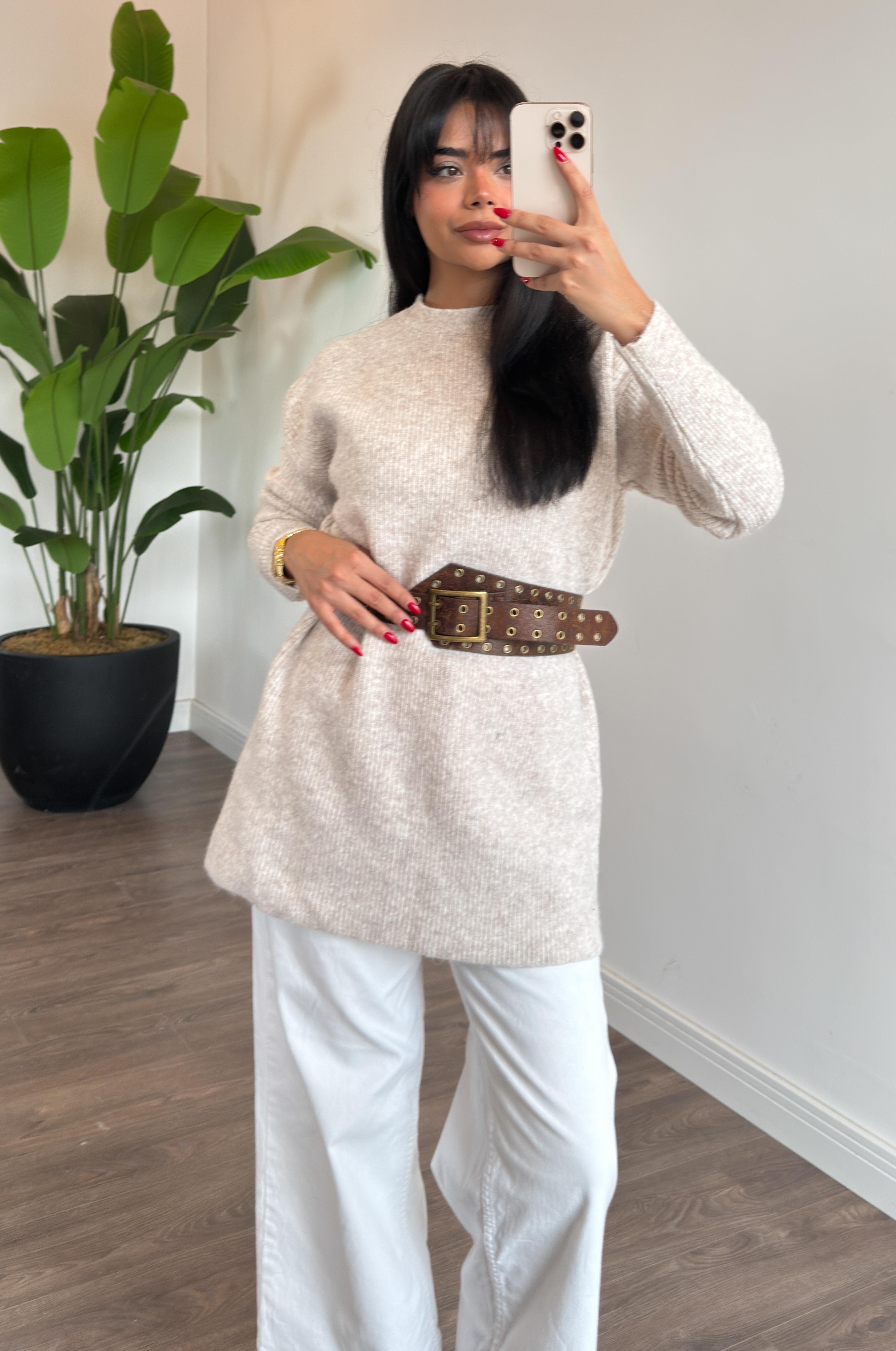 Oslo Simit Yaka Basic Tunik - Bej