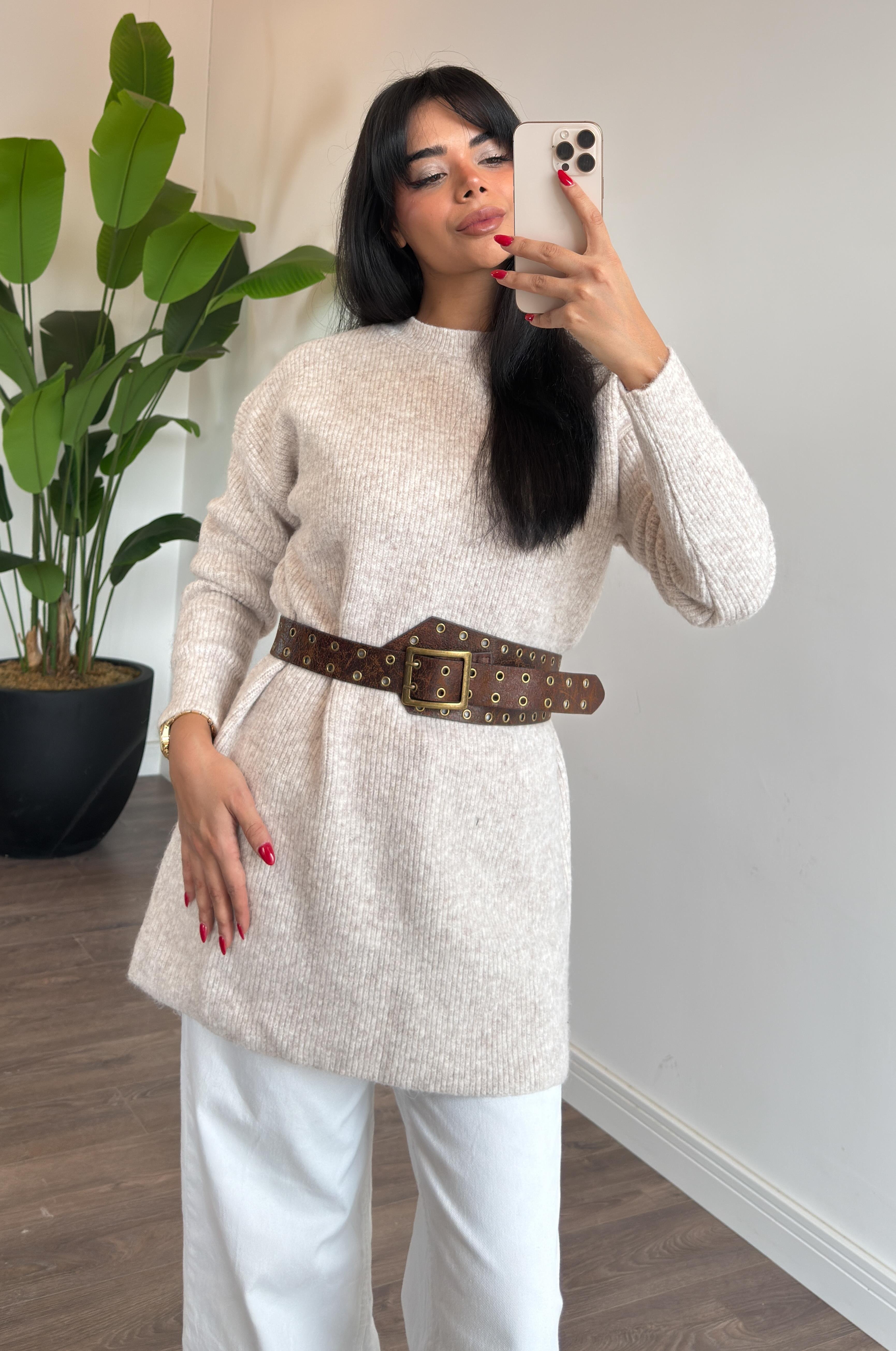 Oslo Simit Yaka Basic Tunik - Bej