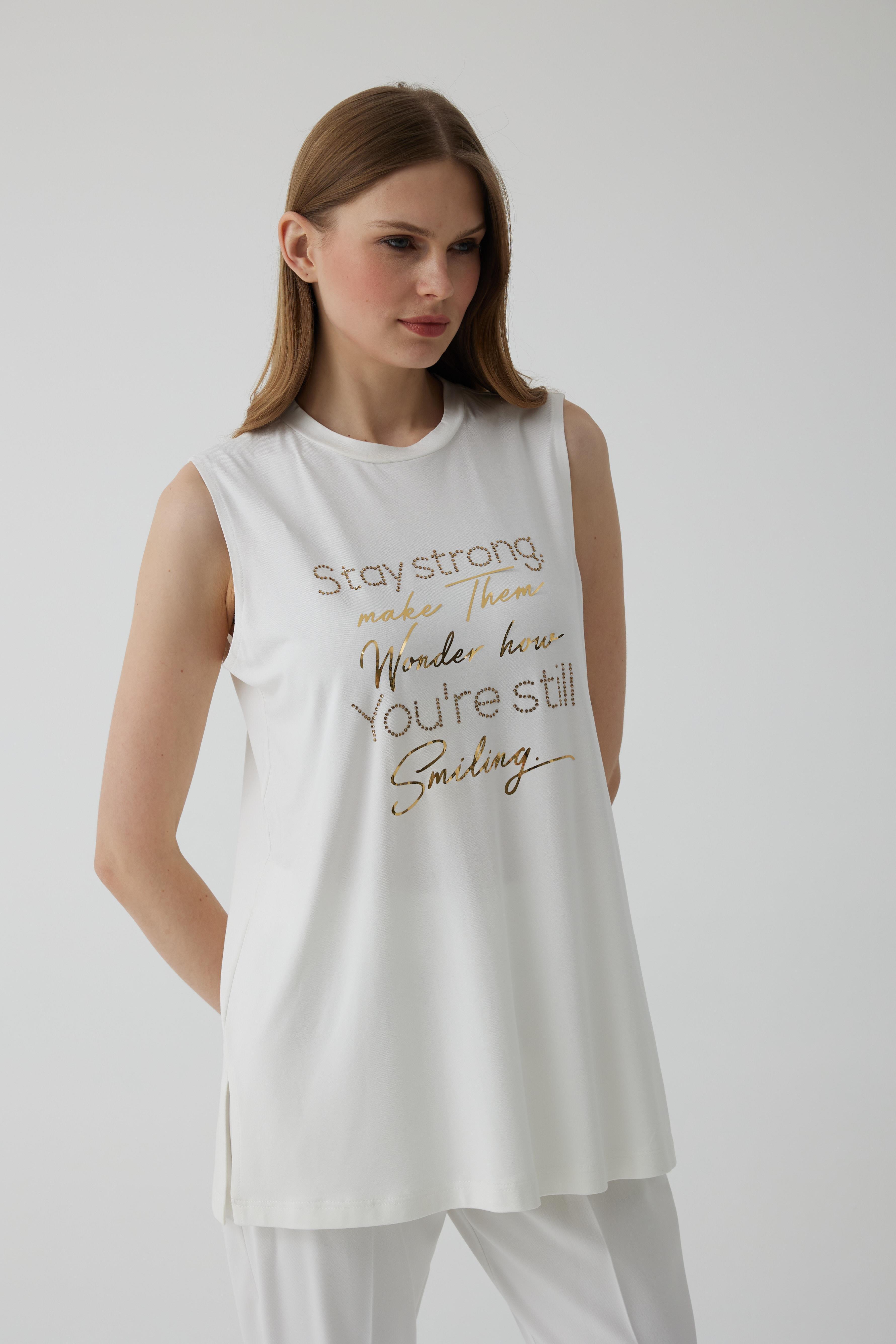 Parlak Baskılı Sıfır Kol Tshirt - Gold