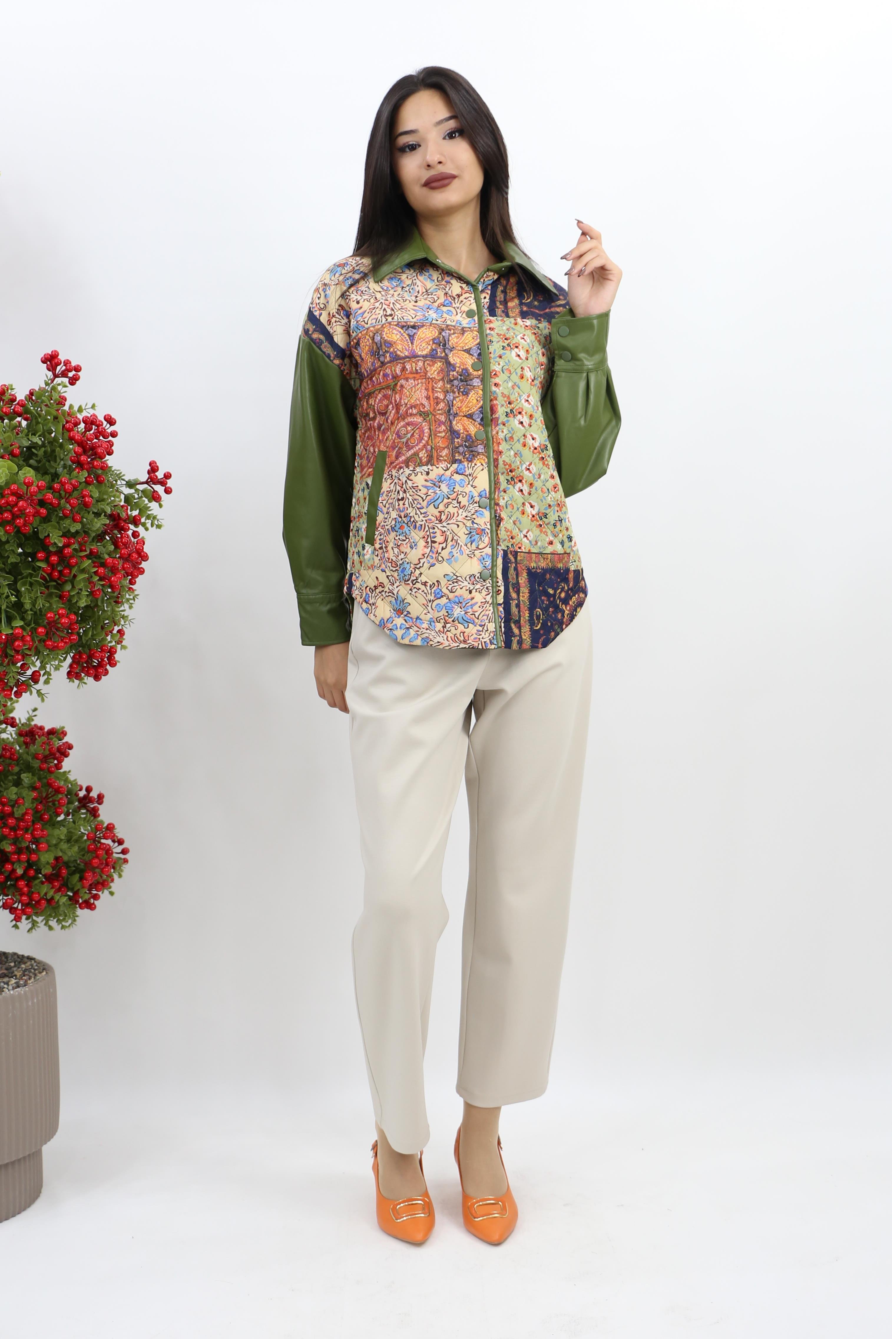 Patchwork Desenli Ceket - Y.Yeşili