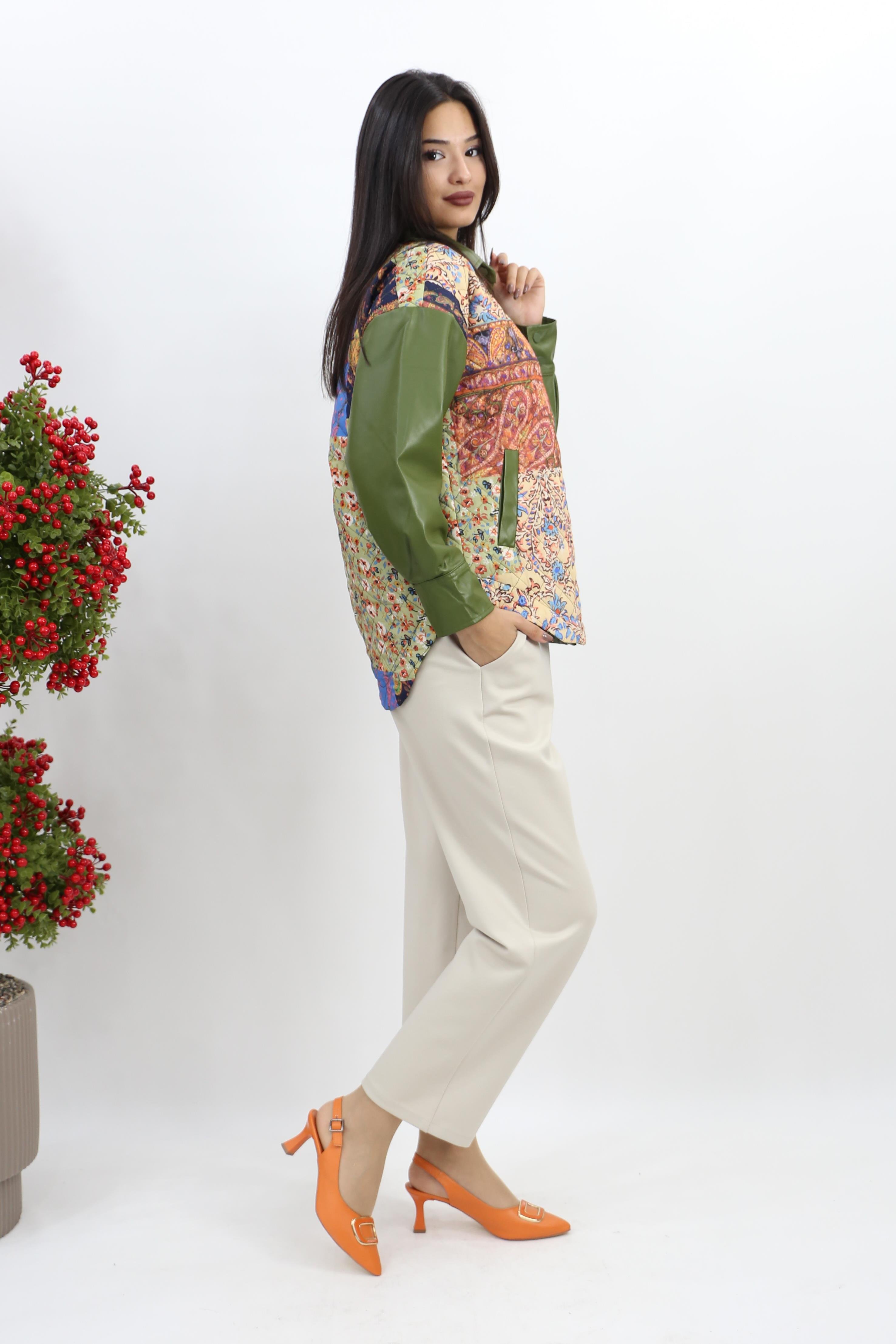 Patchwork Desenli Ceket - Y.Yeşili