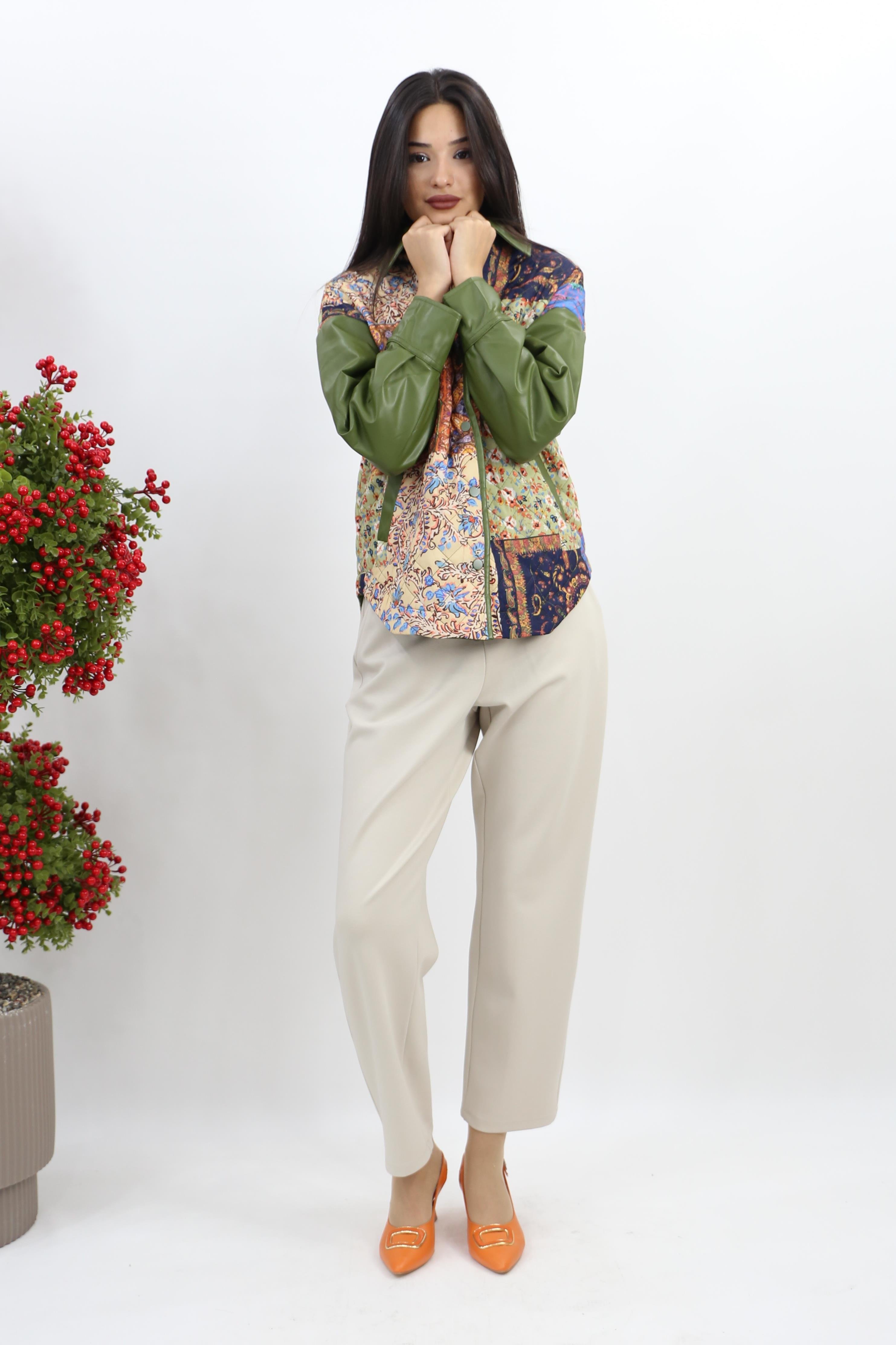 Patchwork Desenli Ceket - Y.Yeşili