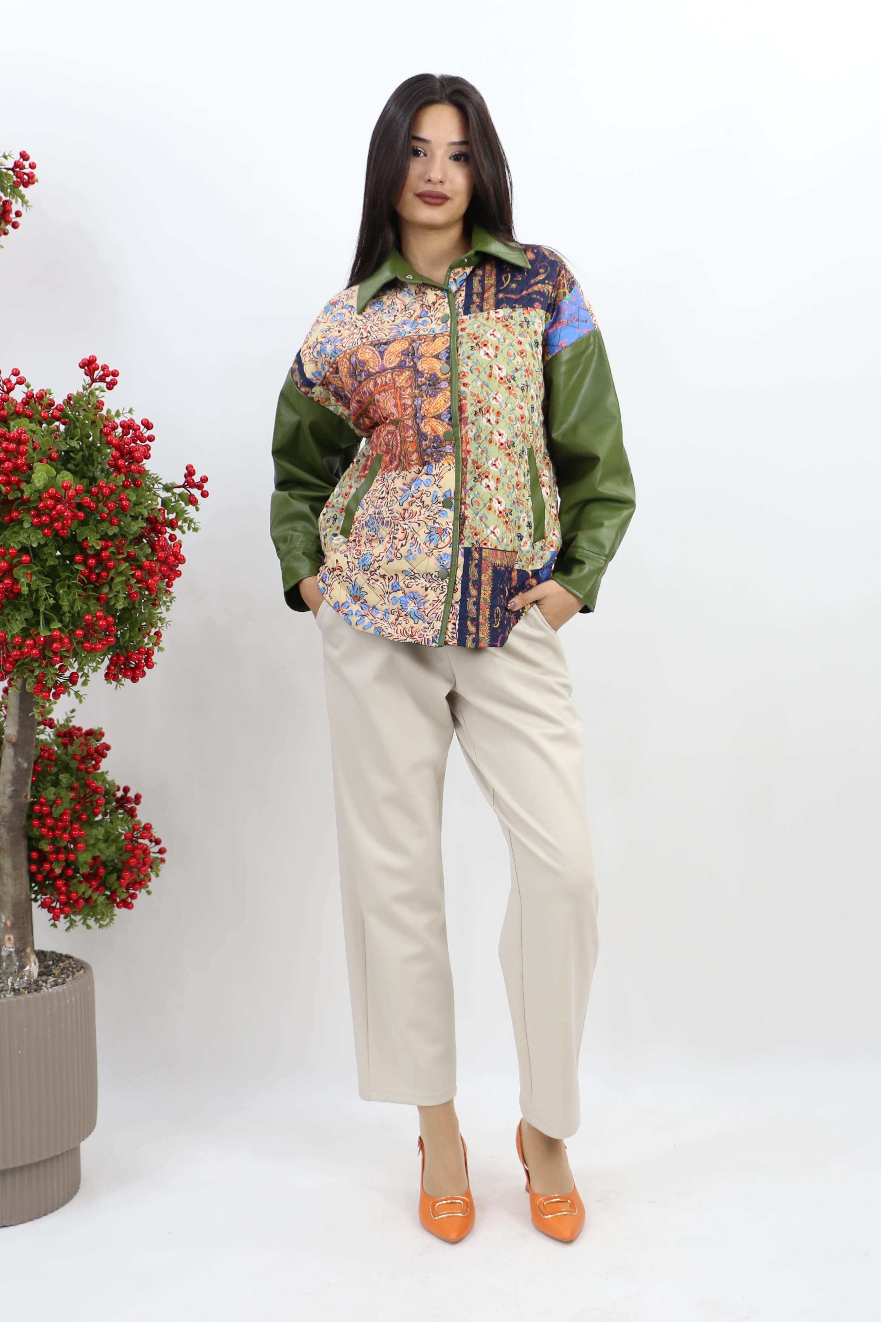 Patchwork Desenli Ceket - Y.Yeşili
