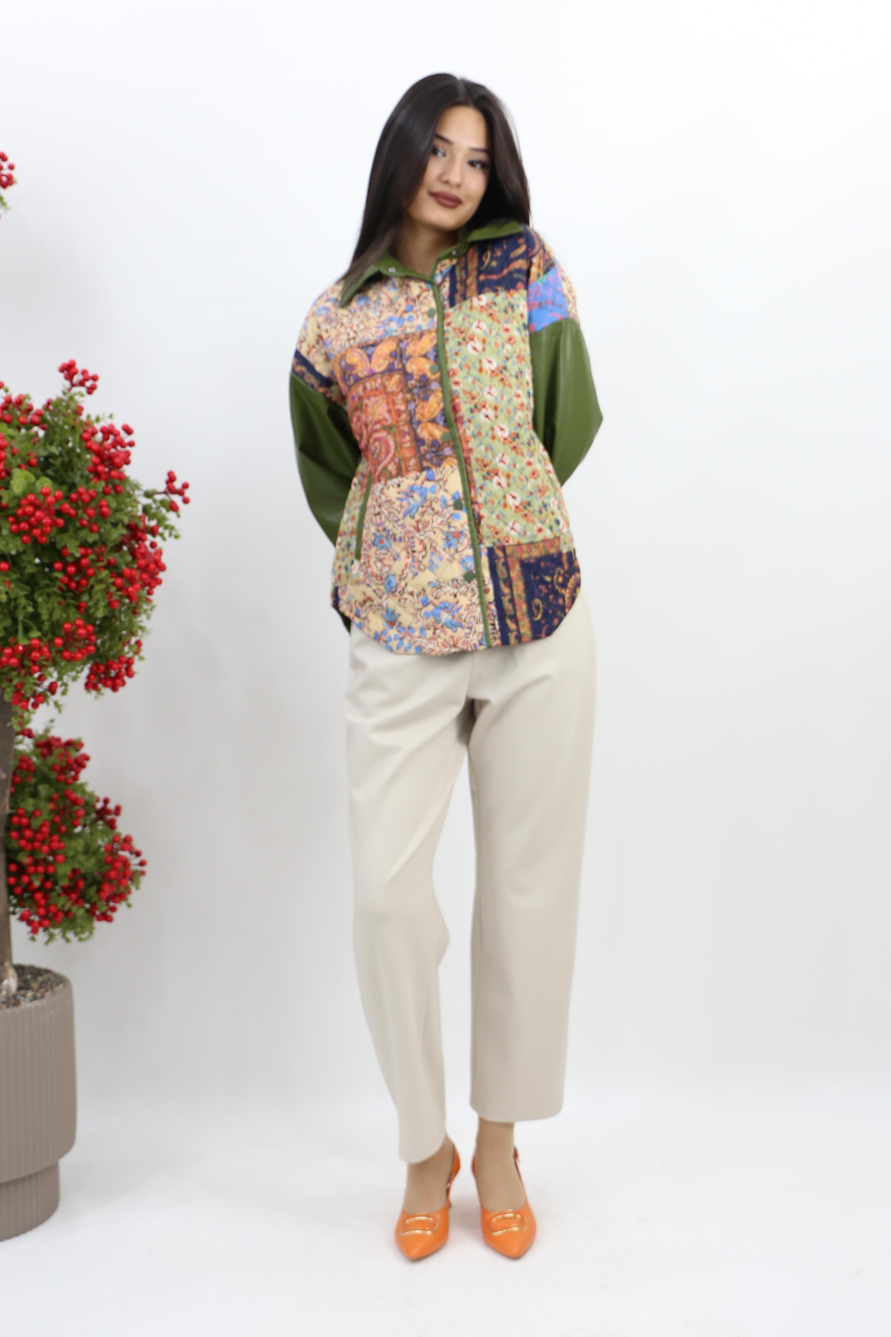 Patchwork Desenli Ceket - Y.Yeşili
