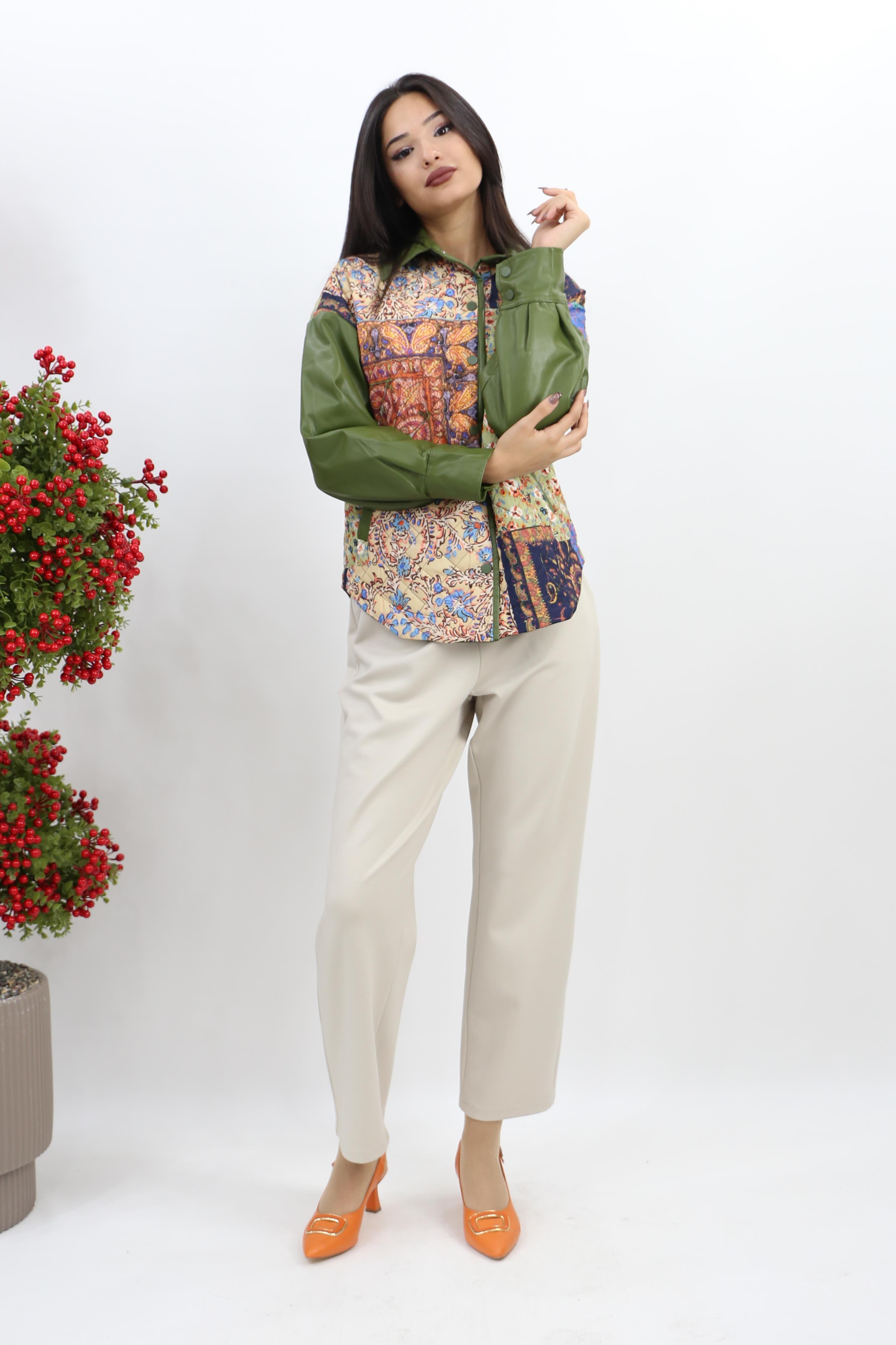 Patchwork Desenli Ceket - Y.Yeşili