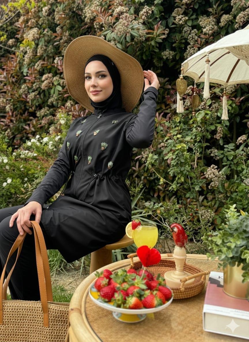 Plamiye İşlemeli Tesettür Mayo - Siyah
